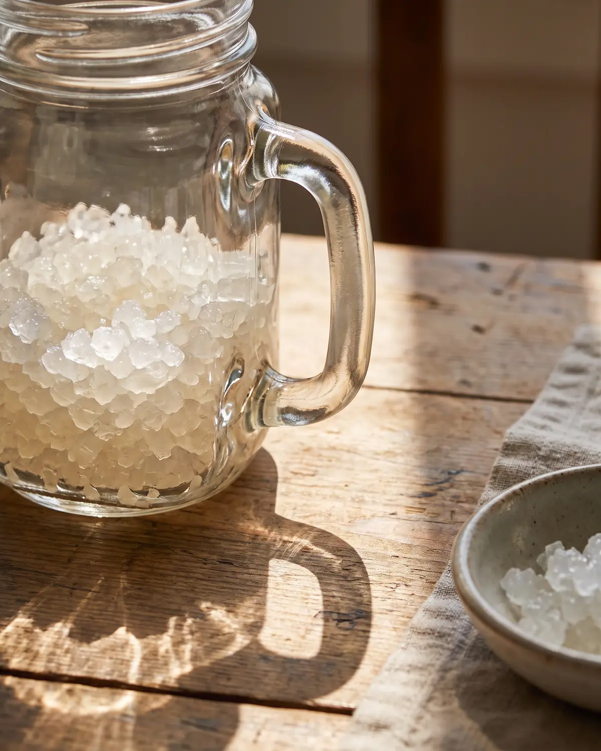 Luce che attraversa l&rsquo;ansa di un barattolo con grani di kefir d&rsquo;acqua e ombra morbida