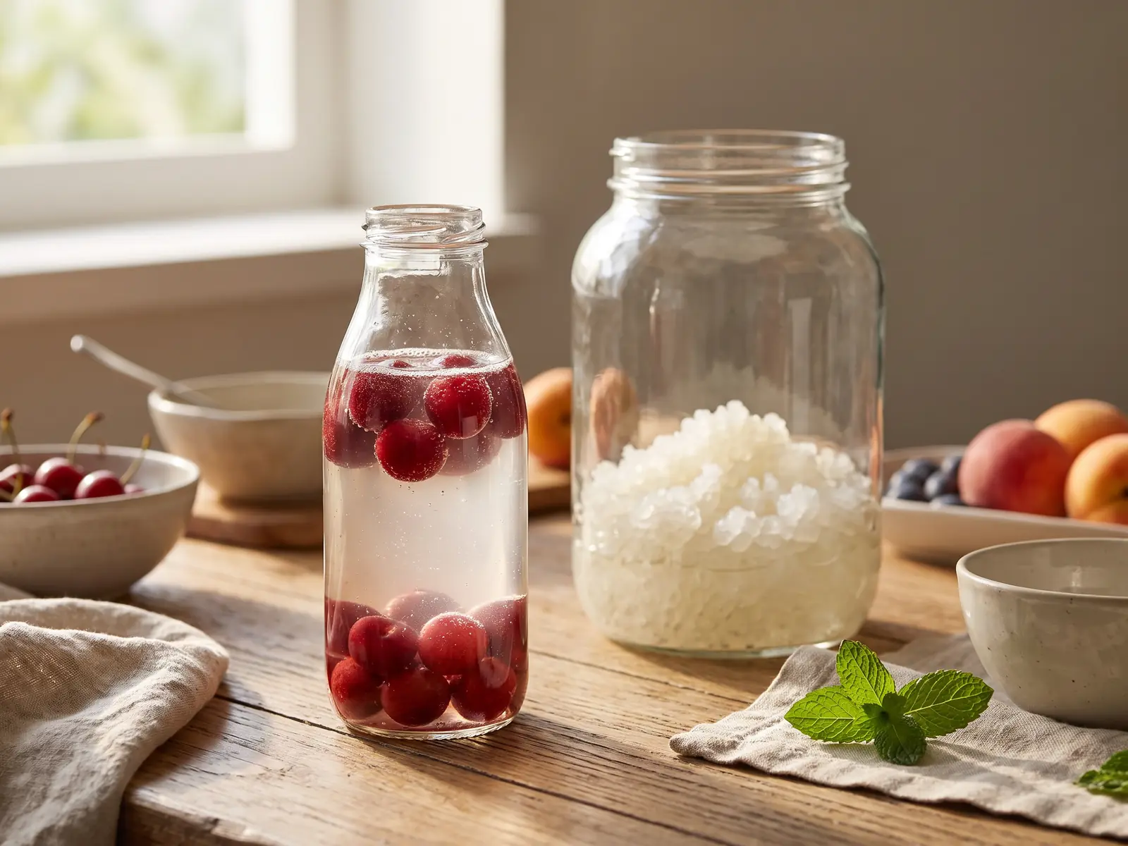 Bottiglia di kefir d&rsquo;acqua con ciliegie in seconda fermentazione e barattolo di coltura sullo sfondo