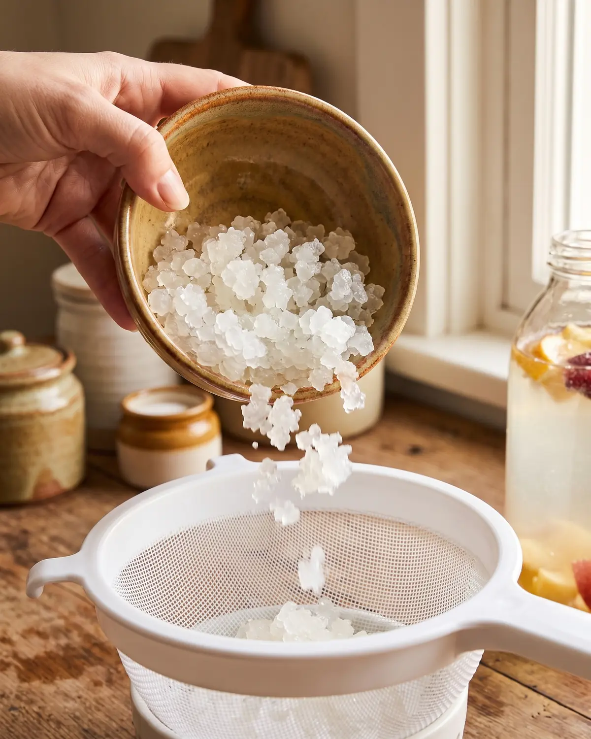 Mano che versa grani di kefir d&rsquo;acqua da una ciotola in un colino bianco durante il filtraggio