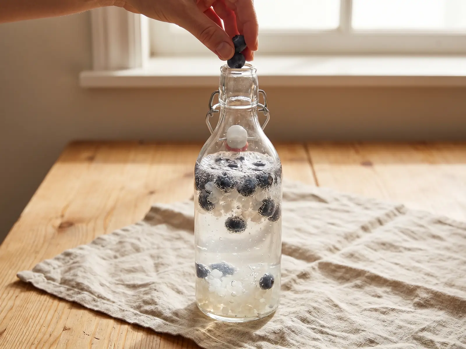 Mano che aggiunge mirtilli in una bottiglia di kefir d&rsquo;acqua su tavolo di pino e lino
