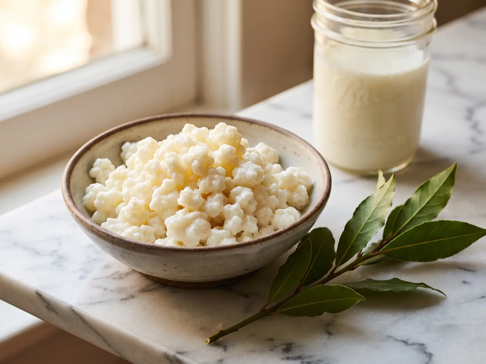 kefir prima di dormire Ramo di alloro su marmo bianco con grani di kefir in una ciotola e un barattolo cremoso sullo sfondo
