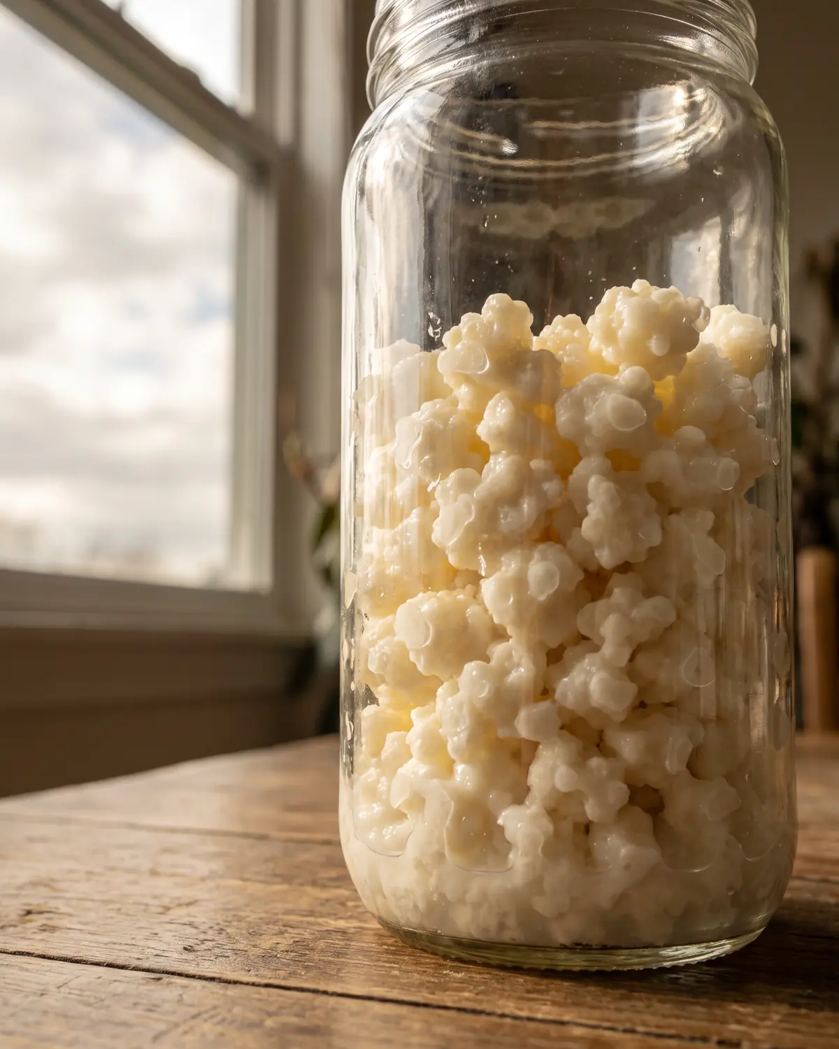 kefir glicemia Vaso alto di kefir su un tavolo, visto dal basso, con grani in evidenza davanti a una finestra nuvolosa.