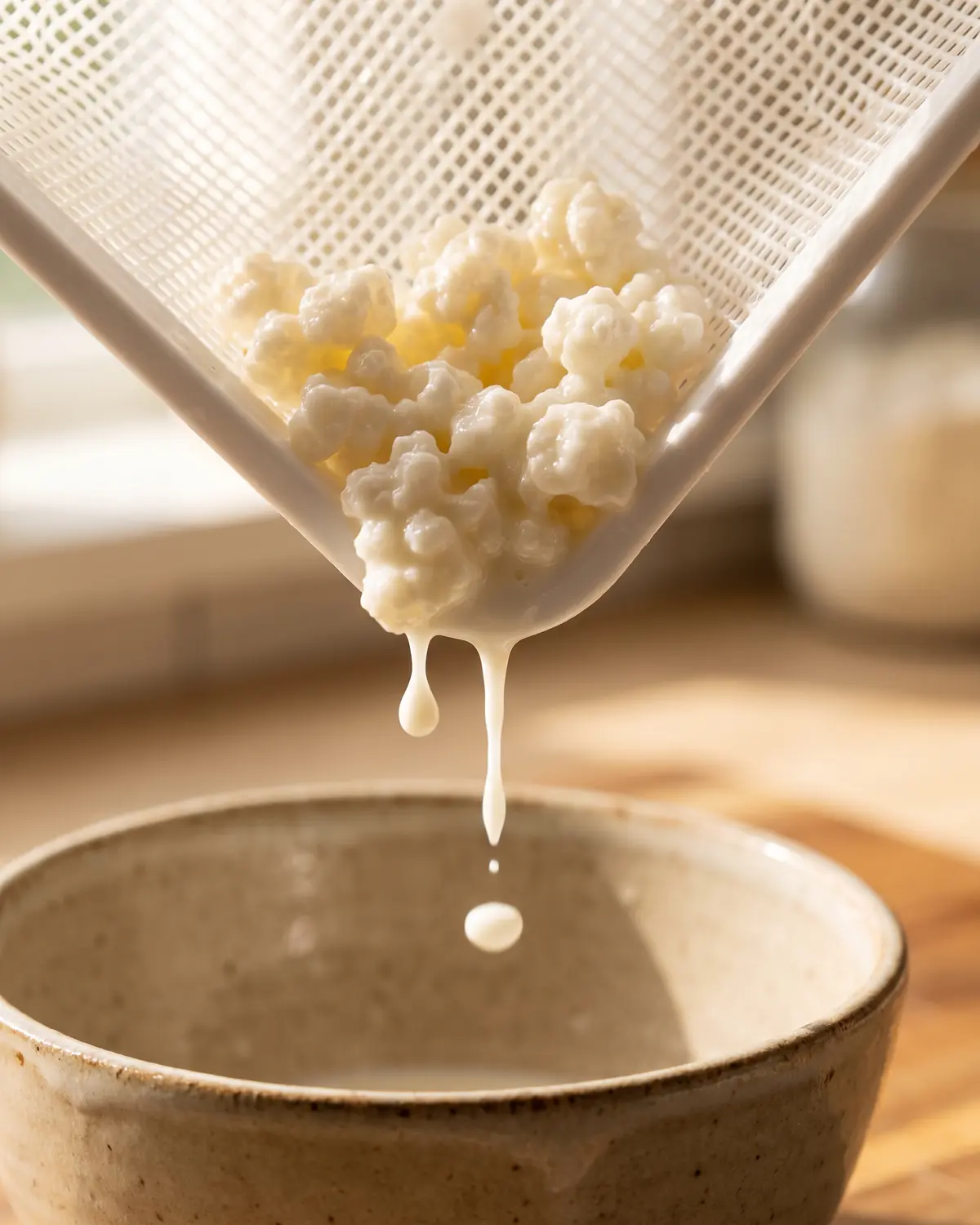kefir e stitichezza Grani di kefir raccolti nell’angolo di un colino, con gocce dense che scendono sulla ceramica beige.