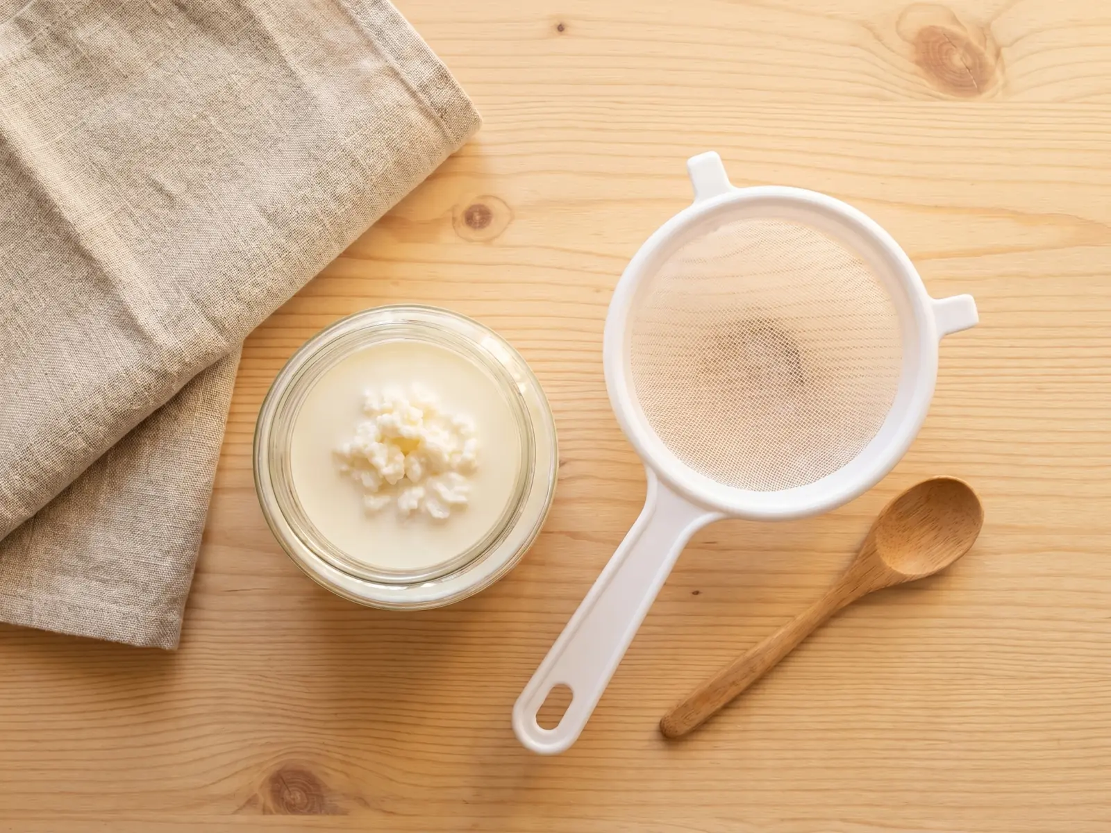 Barattolo di kefir su un bancone con colino bianco, cucchiaio di legno e panno di lino accanto.