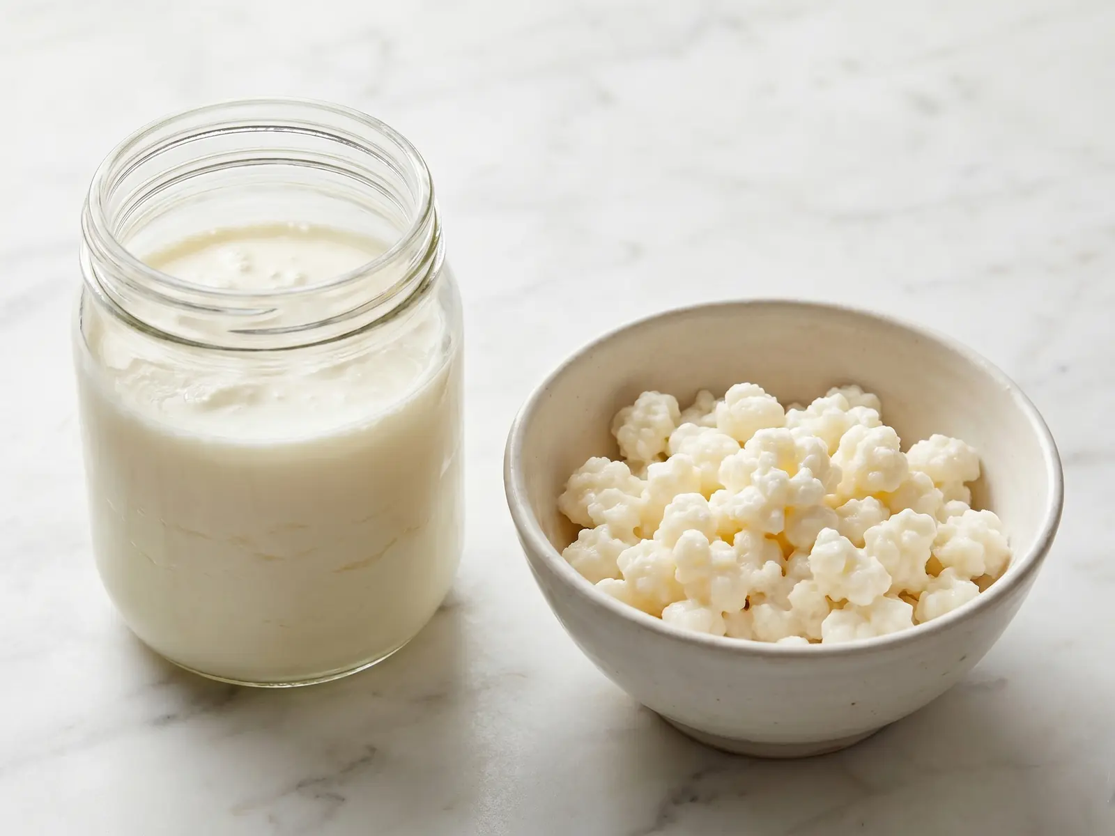 Barattolo aperto di kefir di latte con grani bianco-crema in una ciotola su marmo chiaro.