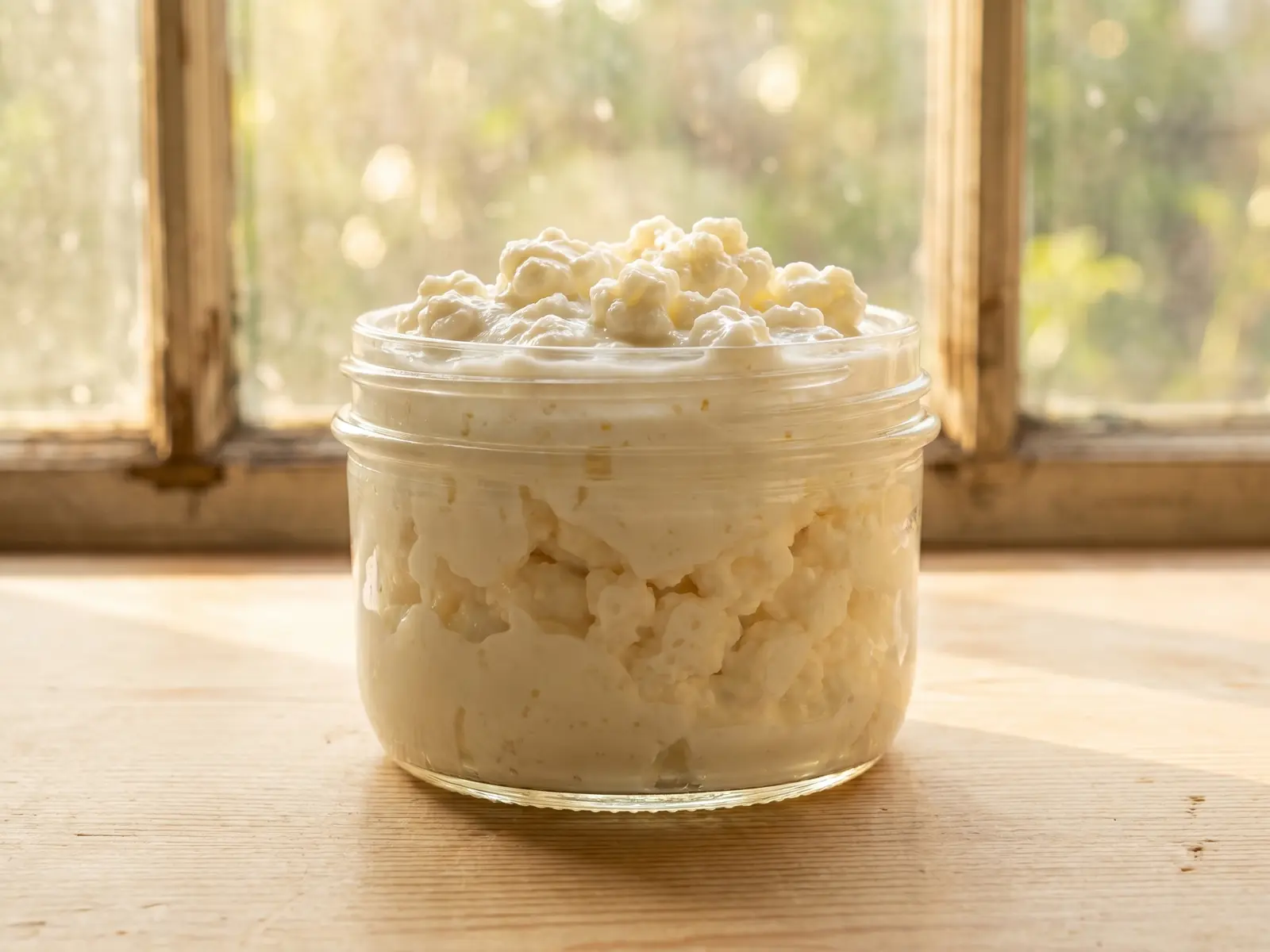 kefir benefici intestino Barattolo basso di kefir di latte su pino chiaro, con crema bianca illuminata da una finestra calda.
