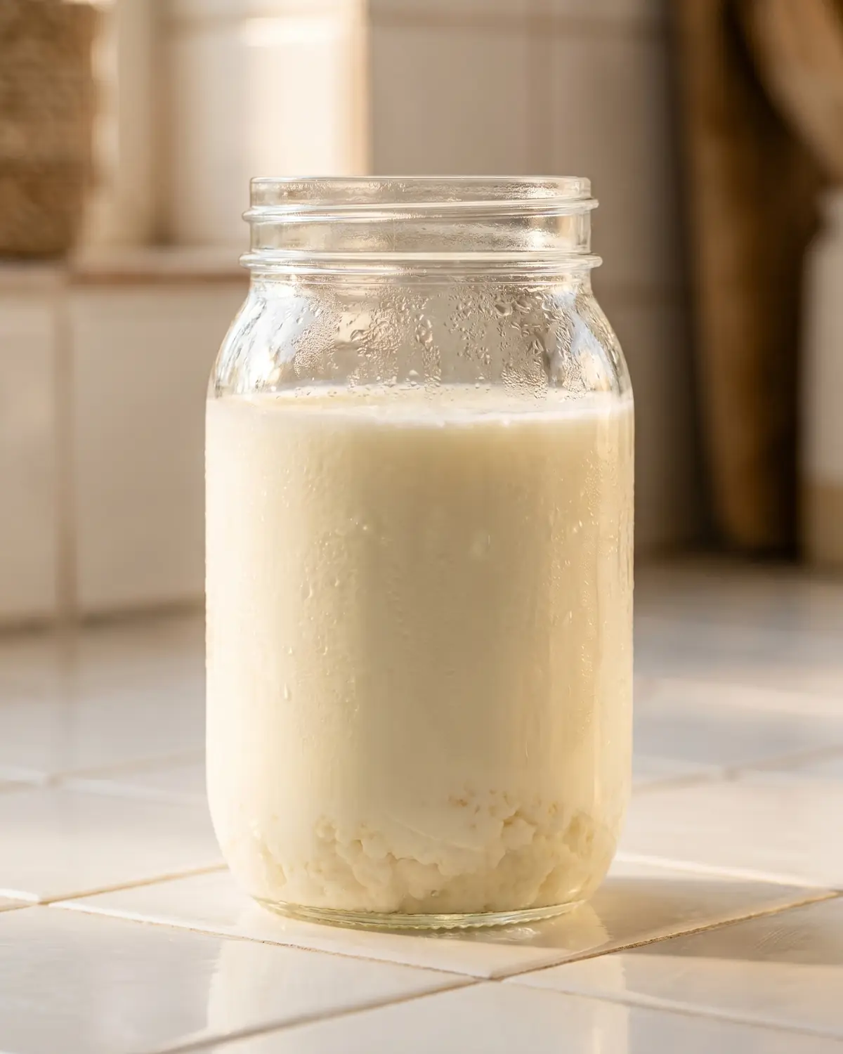fermenti lattici vivi dove si comprano Barattolo di kefir di latte su piastrelle bianche con condensa leggera e riflesso caldo di una finestra.