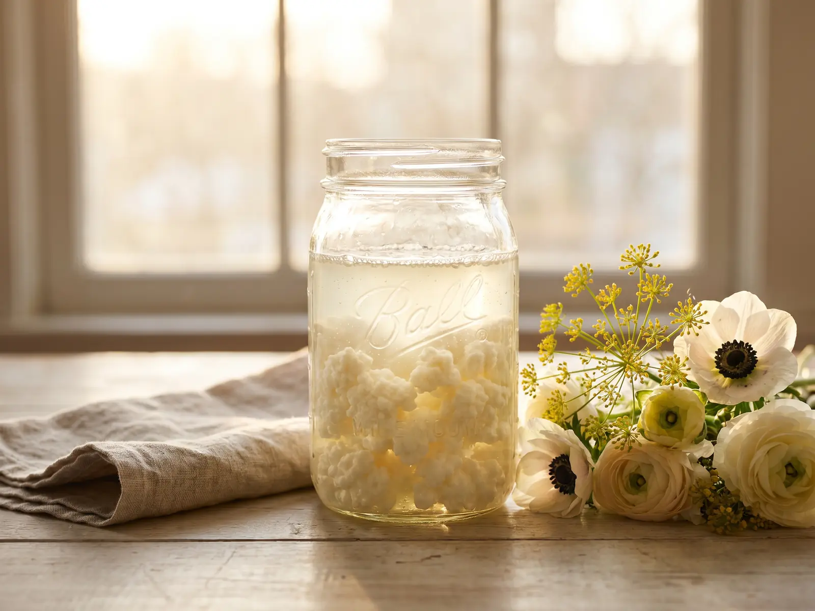 Barattolo di kefir in fermentazione su lino e legno chiaro, con fiori primaverili in controluce.