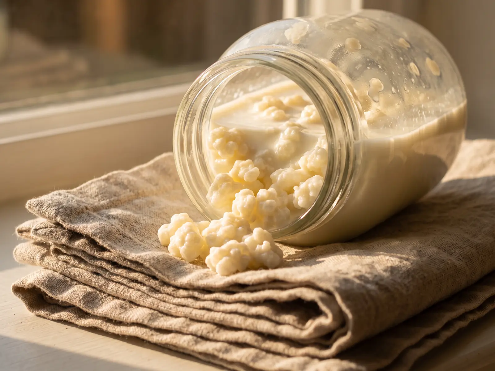 kefir e reflusso Barattolo inclinato con kefir di latte su lino, grani visibili e luce dorata laterale.