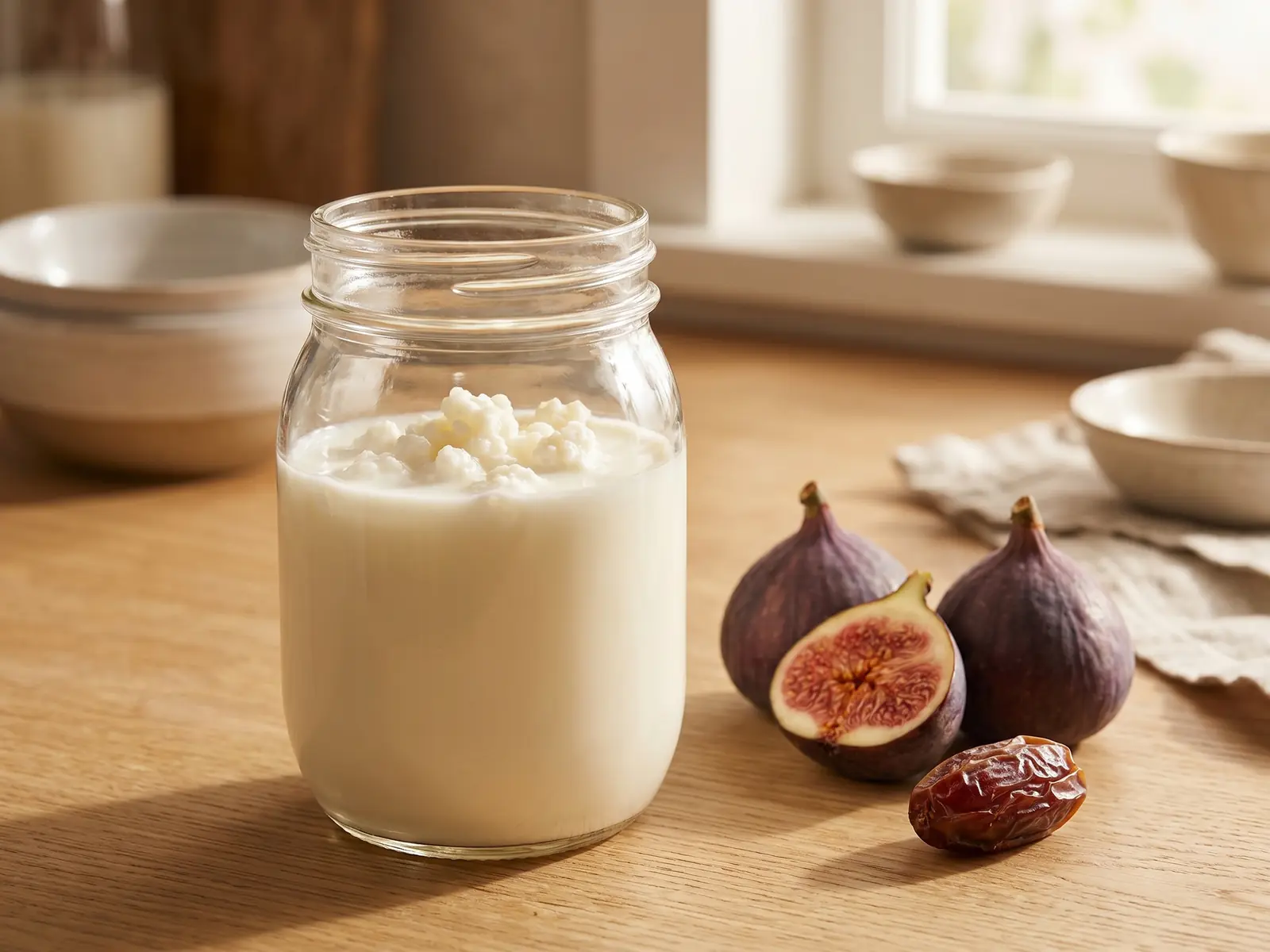 Barattolo di kefir di latte con grani visibili e frutta secca su un piano di legno rustico.