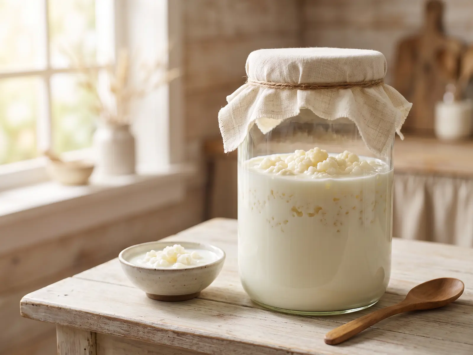 Barattolo di kefir di latte con grani visibili e frutta secca accanto su un piano di legno.