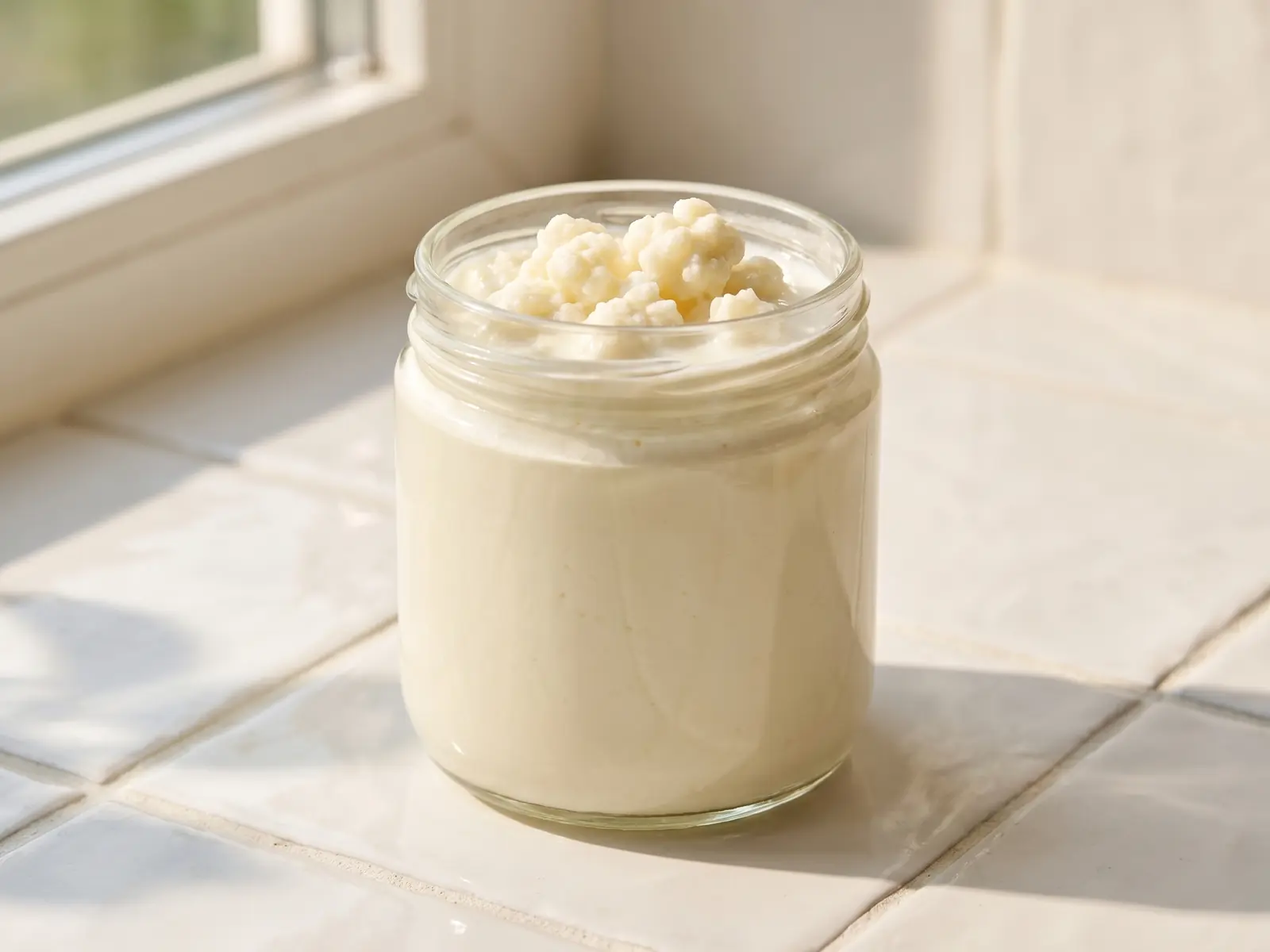 kefir Barattolo pulito di kefir di latte su piastrelle bianche, illuminato da una luce laterale naturale.