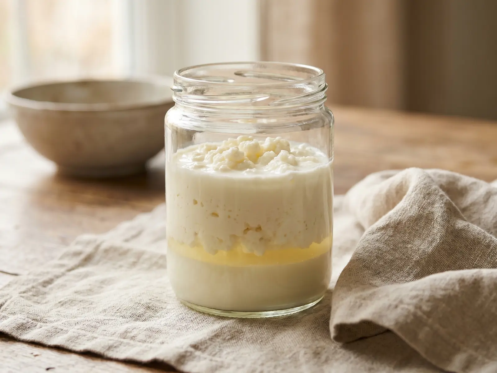 Barattolo di kefir di latte con strati naturali separati, siero visibile e panno di lino accanto