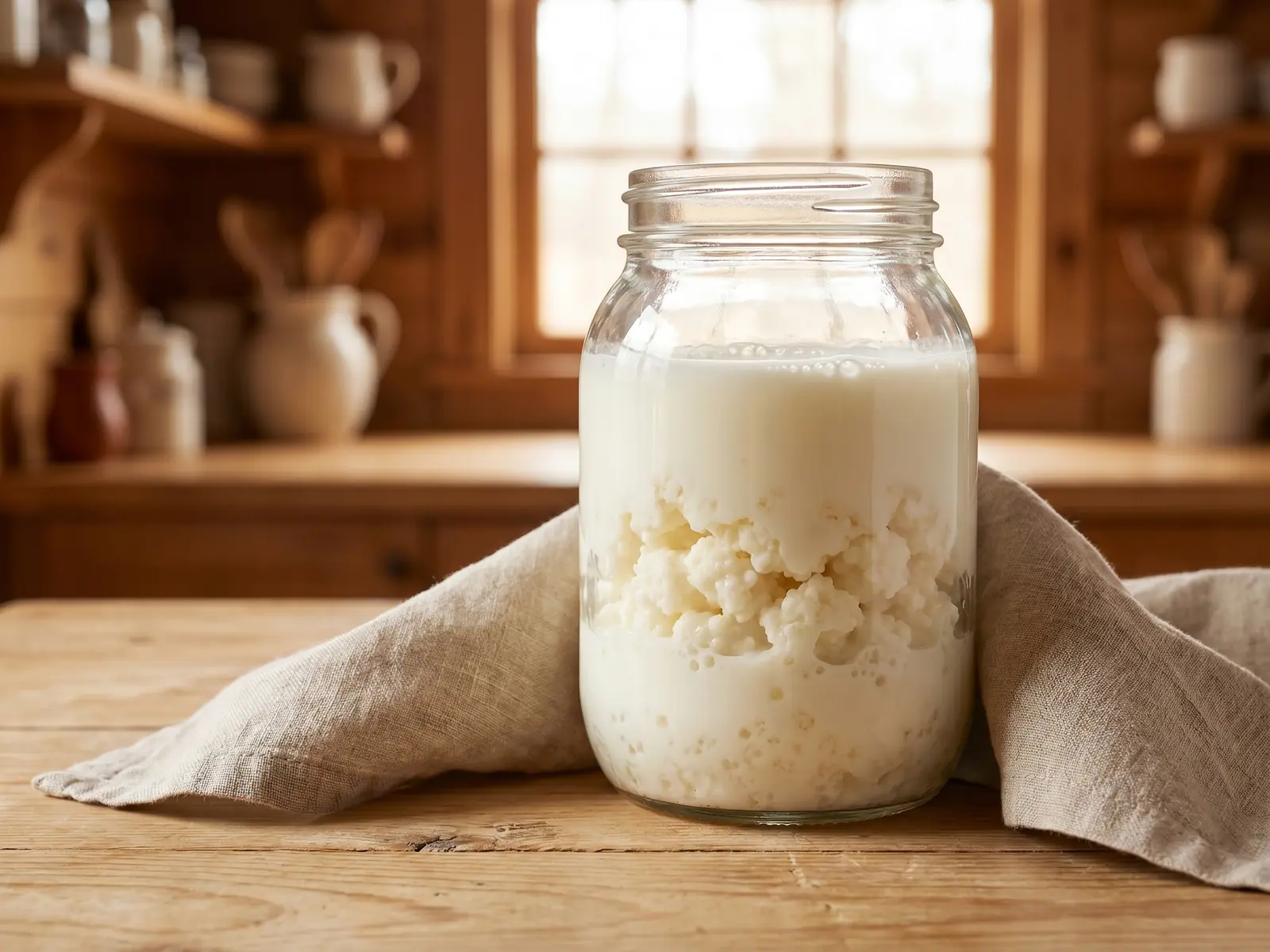 kefir fatto in casa senza granuli Barattolo di vetro con latte e granuli di kefir illuminato da una luce morbida vicino alla finestra