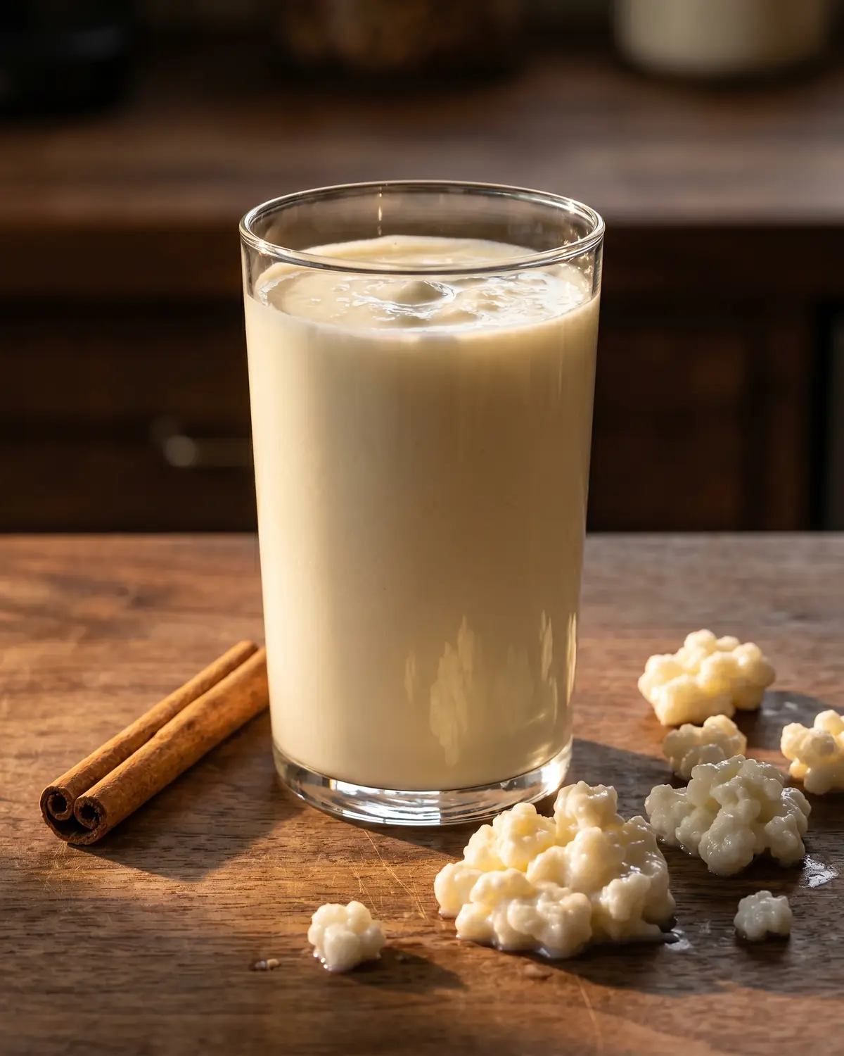 Bicchiere alto di kefir pronto da bere con cannella accanto, su legno di noce e luce dorata.