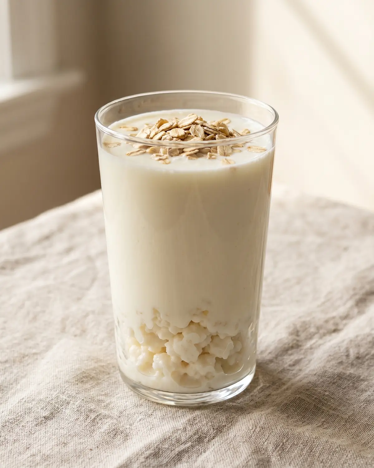 Bicchiere alto di kefir con fiocchi d&rsquo;avena in superficie, su lino grezzo in una scena pulita
