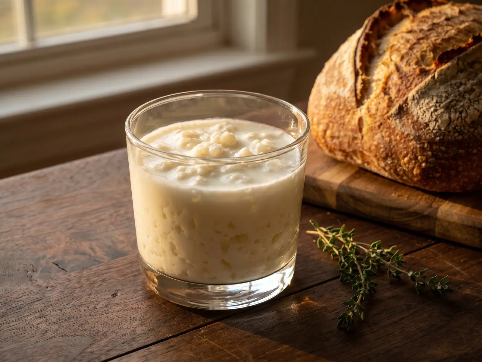 Bicchiere basso con kefir di latte cremoso su legno scuro, con pane rustico e timo alla luce dorata