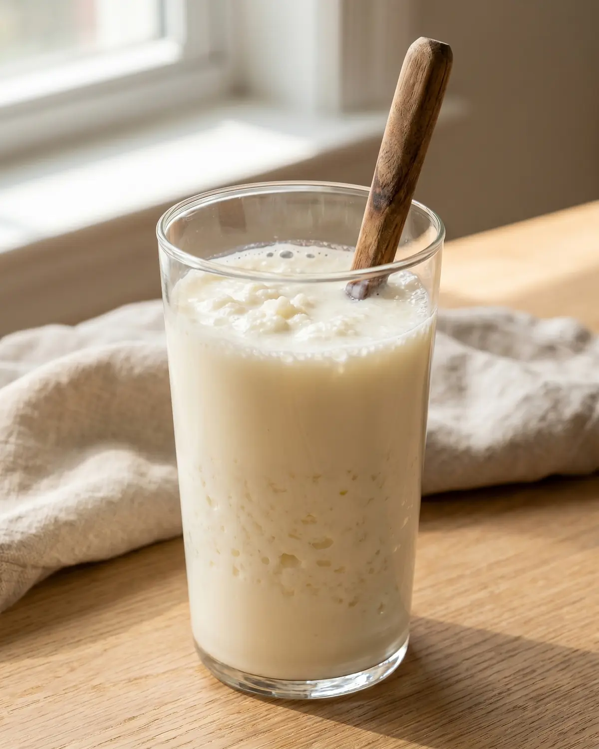 kefir bianco naturale benefici Bicchiere verticale con kefir di latte cremoso già pronto, servito con un cucchiaio all’interno.