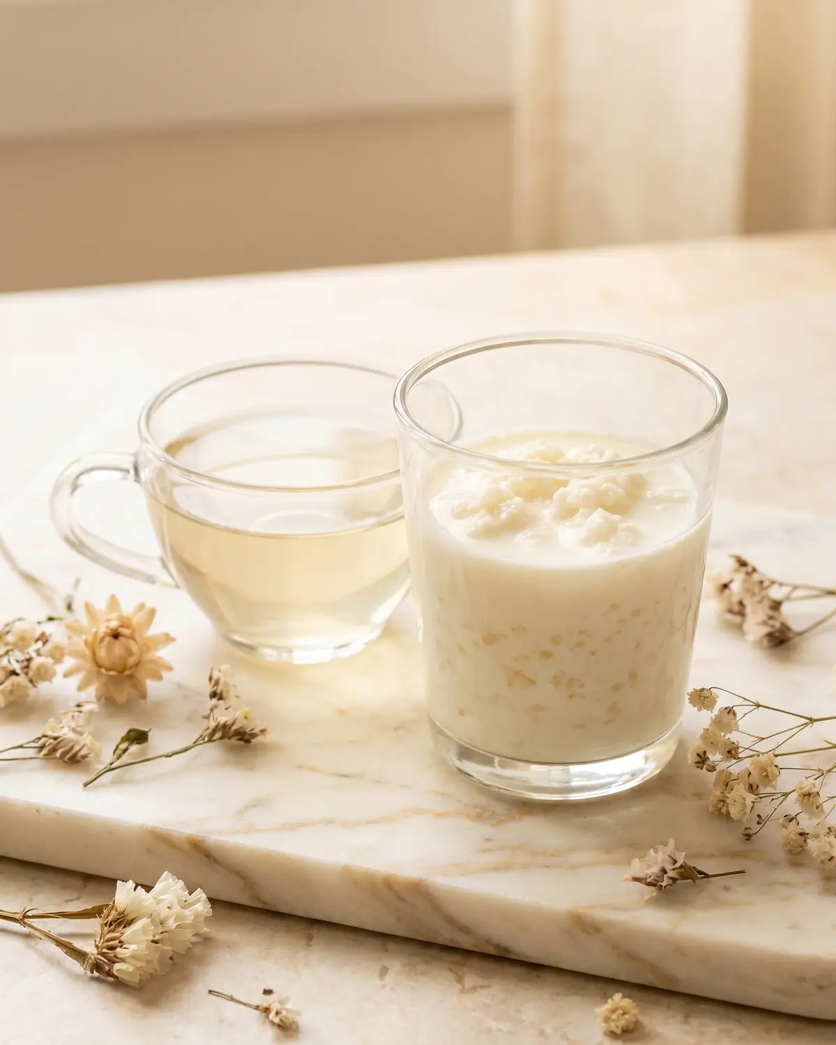 dove comprare i semi di kefir Bicchiere piccolo di kefir accanto a una tazza di tè chiaro, fiori secchi e marmo venato