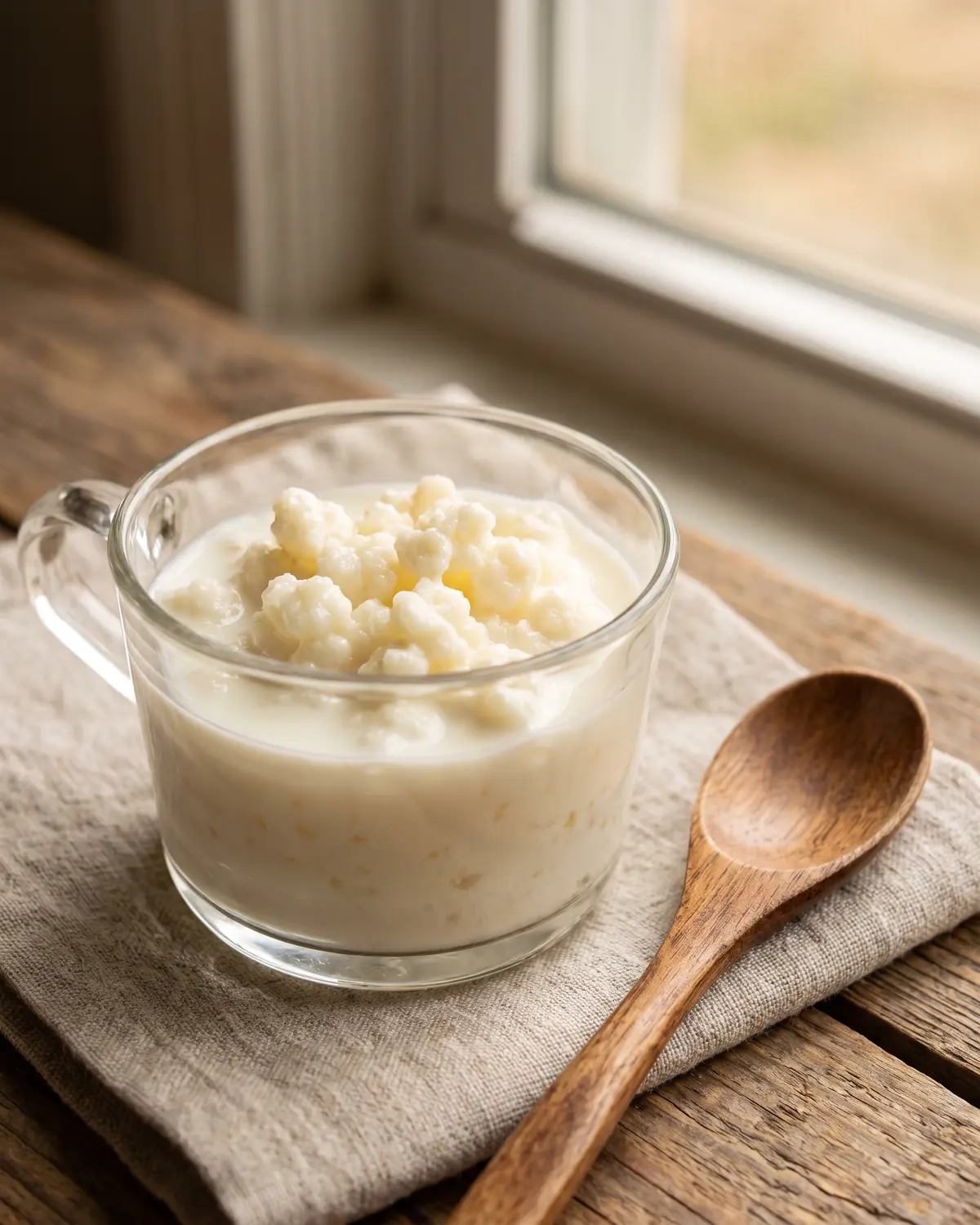 Bicchierino di vetro con grani e latte fresco, con un cucchiaio di legno appoggiato accanto.