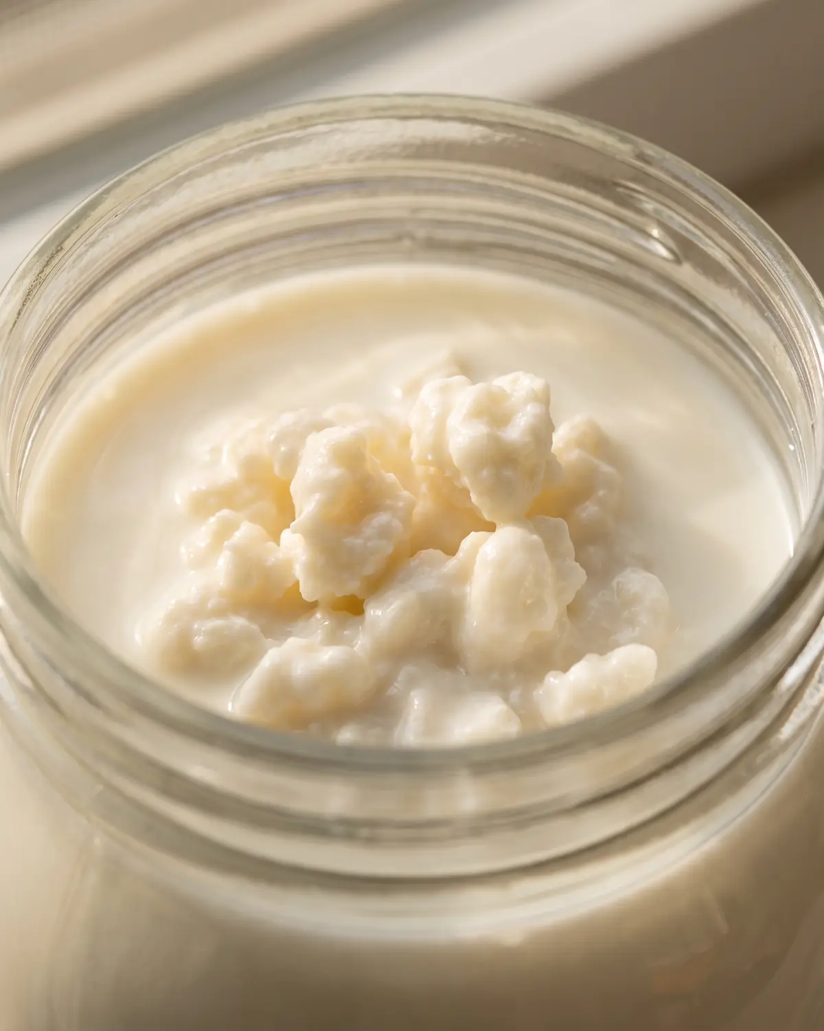 troppo kefir fa male Bocca di un barattolo con grani di kefir raccolti sotto la superficie del latte fermo.