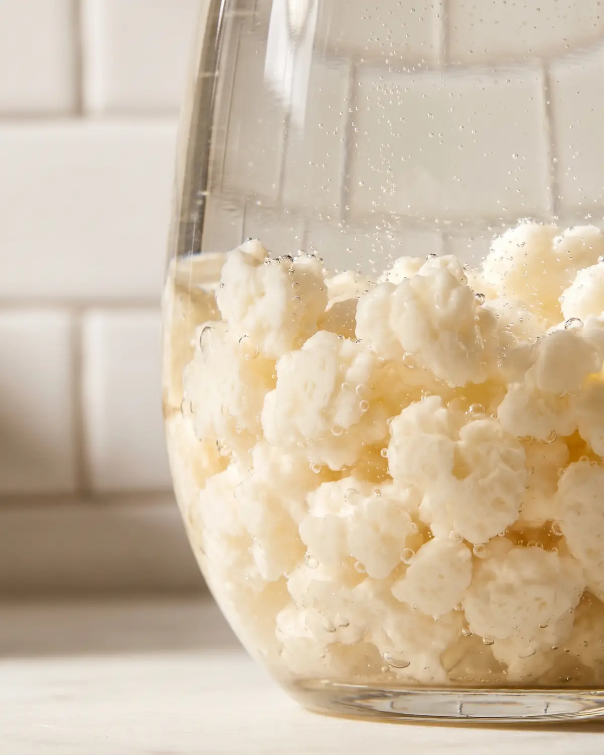 Bolle sottili salgono tra i grani di kefir in un contenitore di vetro curvo su sfondo di piastrelle bianche.