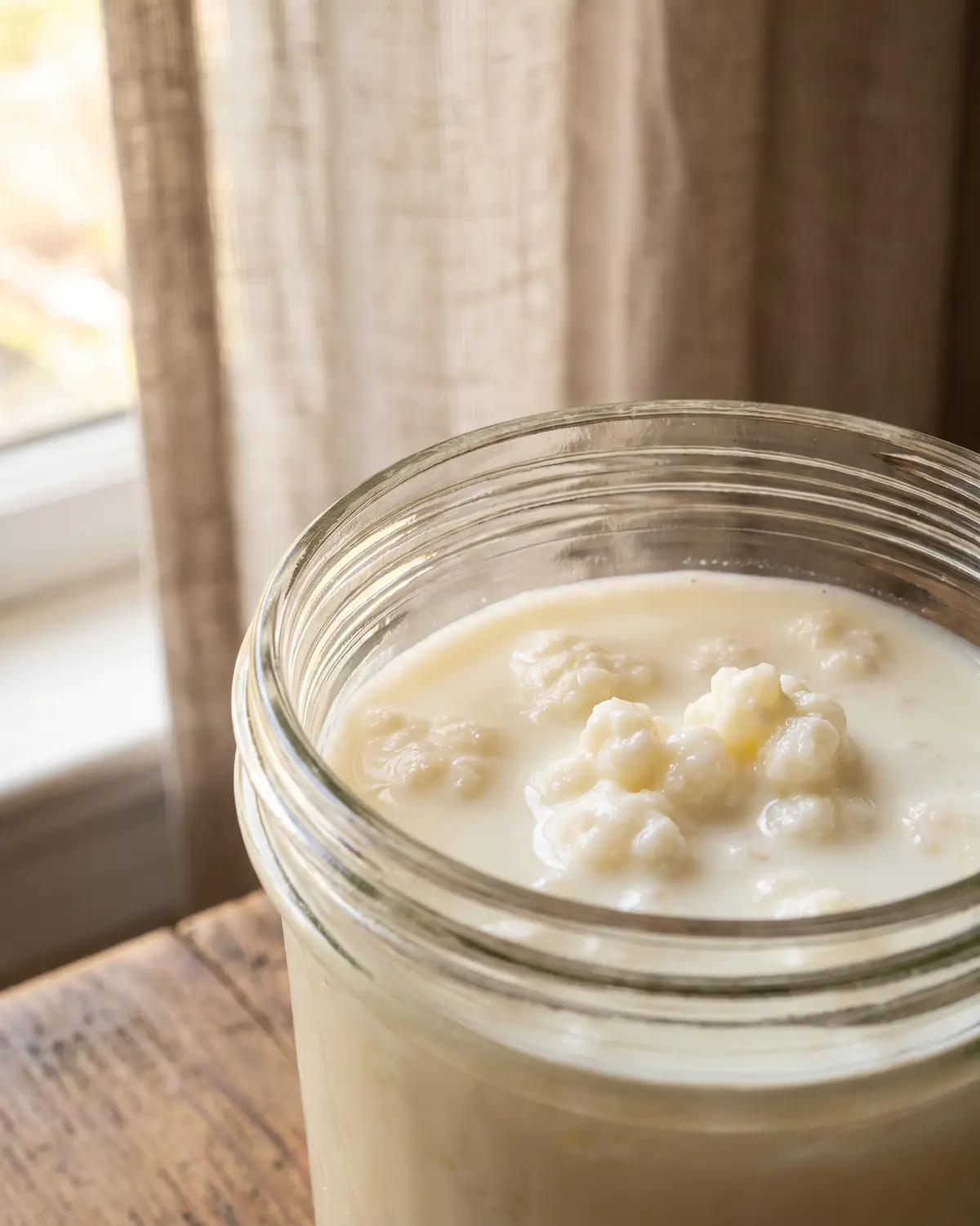 porridge con kefir Bordo di un barattolo aperto con kefir cremoso, grani in superficie e tenda sfocata sullo sfondo.