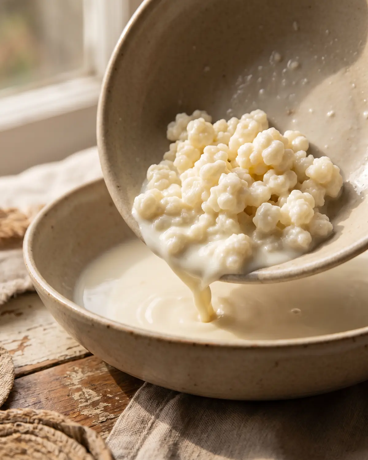 kefir e cistite Grani di kefir raccolti sul bordo di una ciotola beige mentre il latte filtra lentamente.