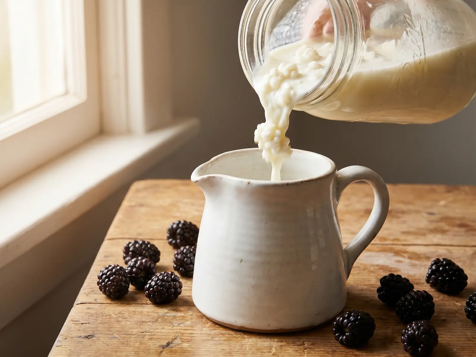 il kefir è pericoloso Kefir di latte in una brocca di ceramica bianca con more fresche e luce morbida dalla finestra.