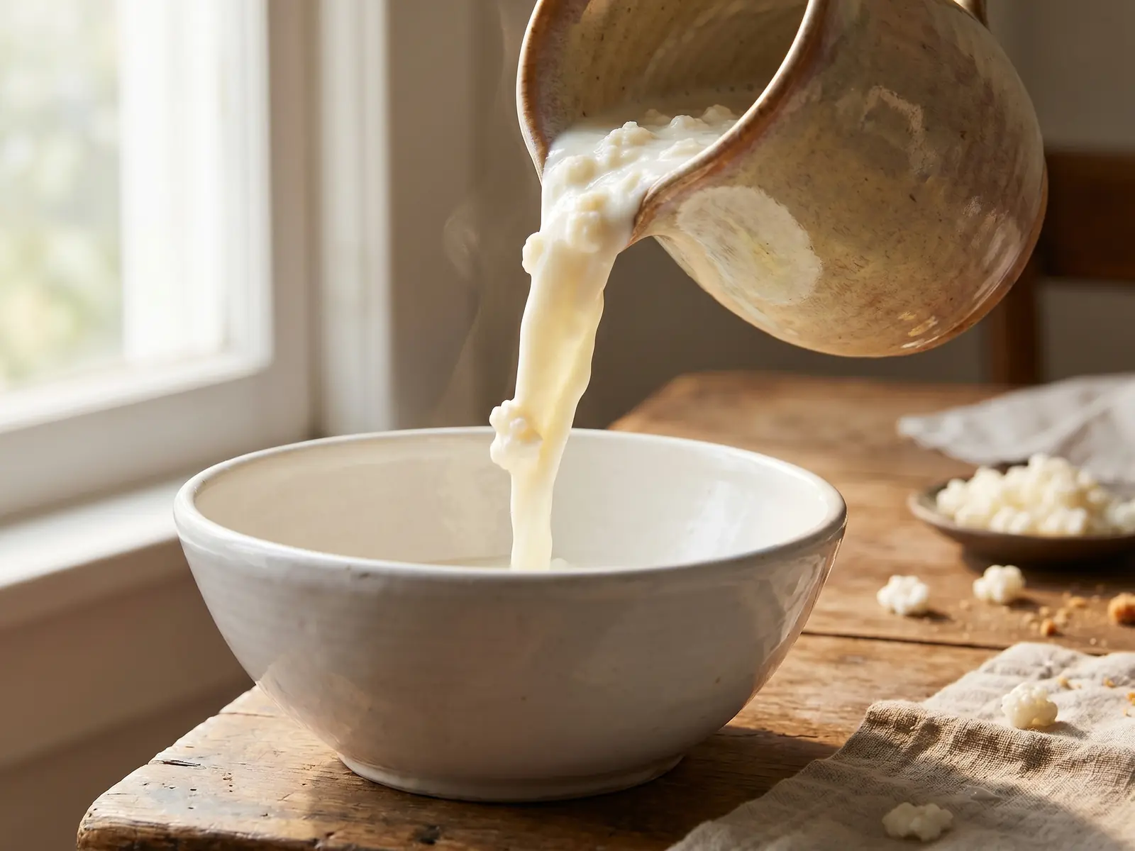 kefir e intolleranza al lattosio Brocca di ceramica che versa kefir di latte denso in un piatto bianco illuminato dalla finestra