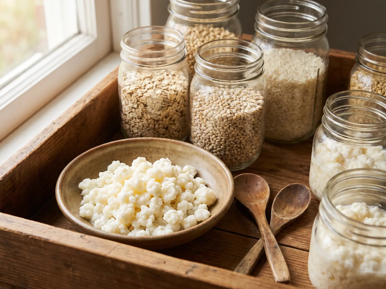 kefir quando prenderlo Cassetta da dispensa con barattoli, granuli di kefir in una ciotola e cucchiai di legno incrociati.