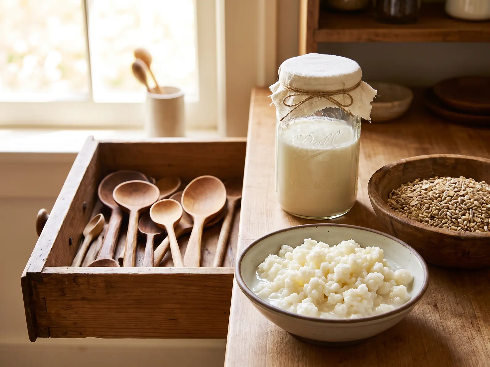 kefir e stitichezza Cassetto aperto con cucchiai di legno, barattolo di kefir e grani in una ciotola accanto.