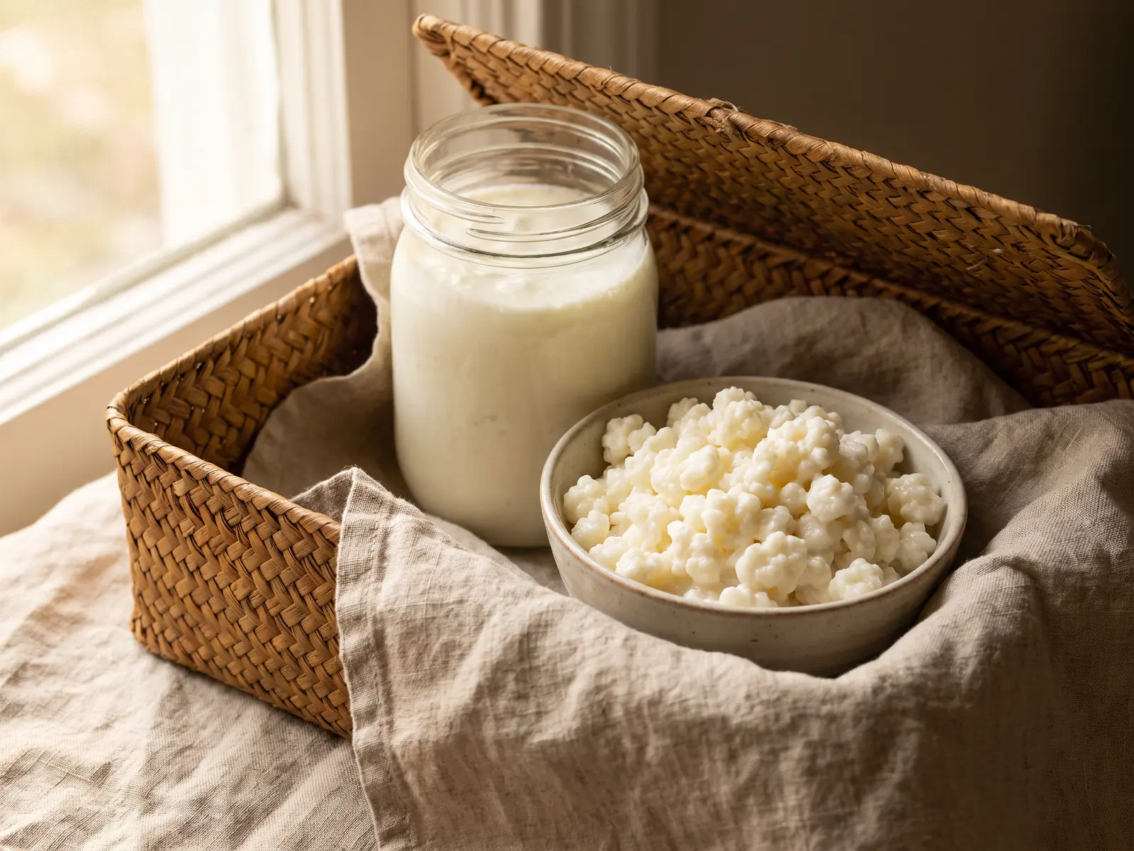 fermenti lattici vivi migliori Cesto aperto con barattolo di kefir e ciotola di grani su un telo di lino naturale.