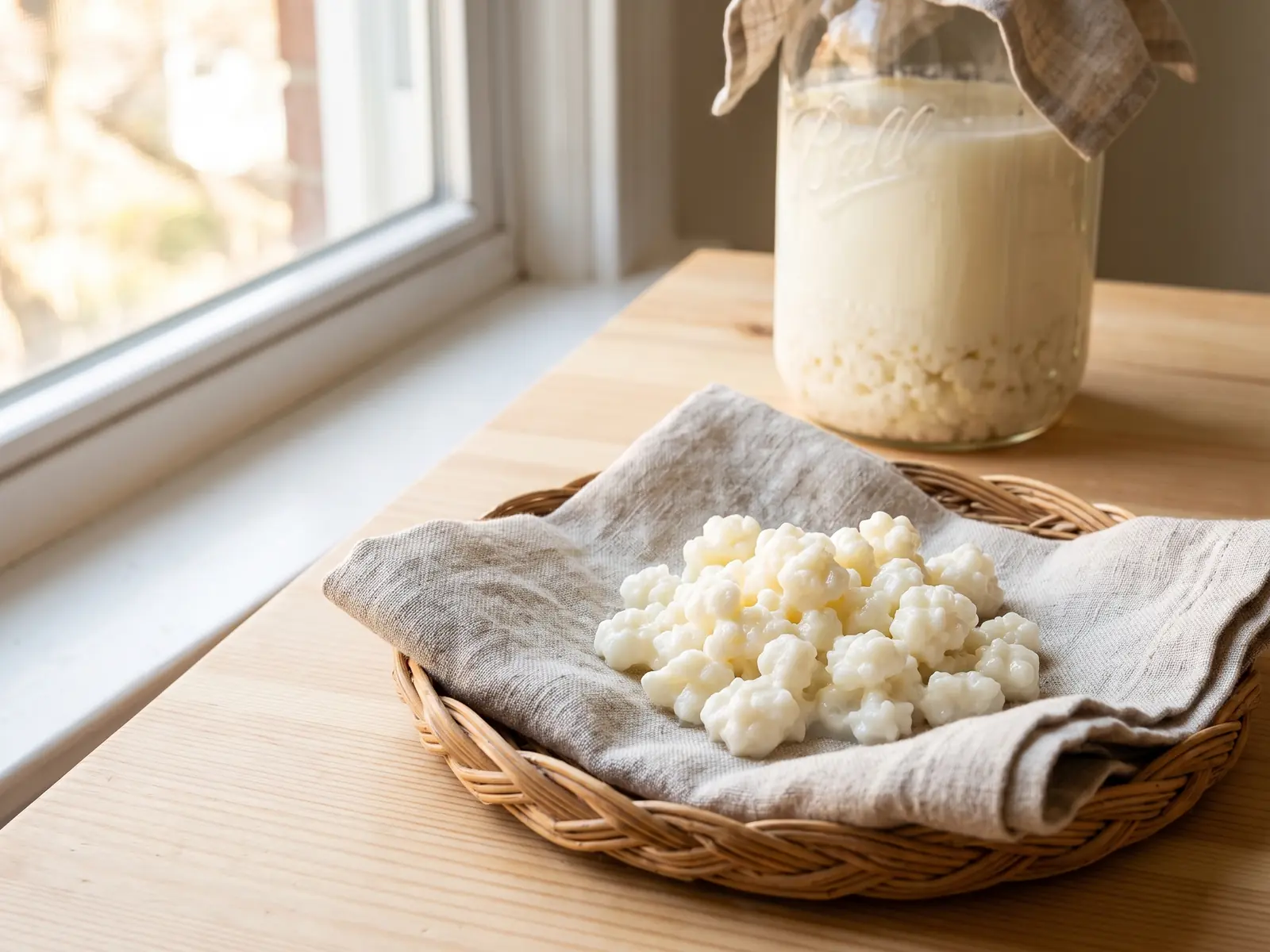Barattolo di kefir al latte in una cesta di vimini con lino, grani visibili e luce naturale dalla finestra.