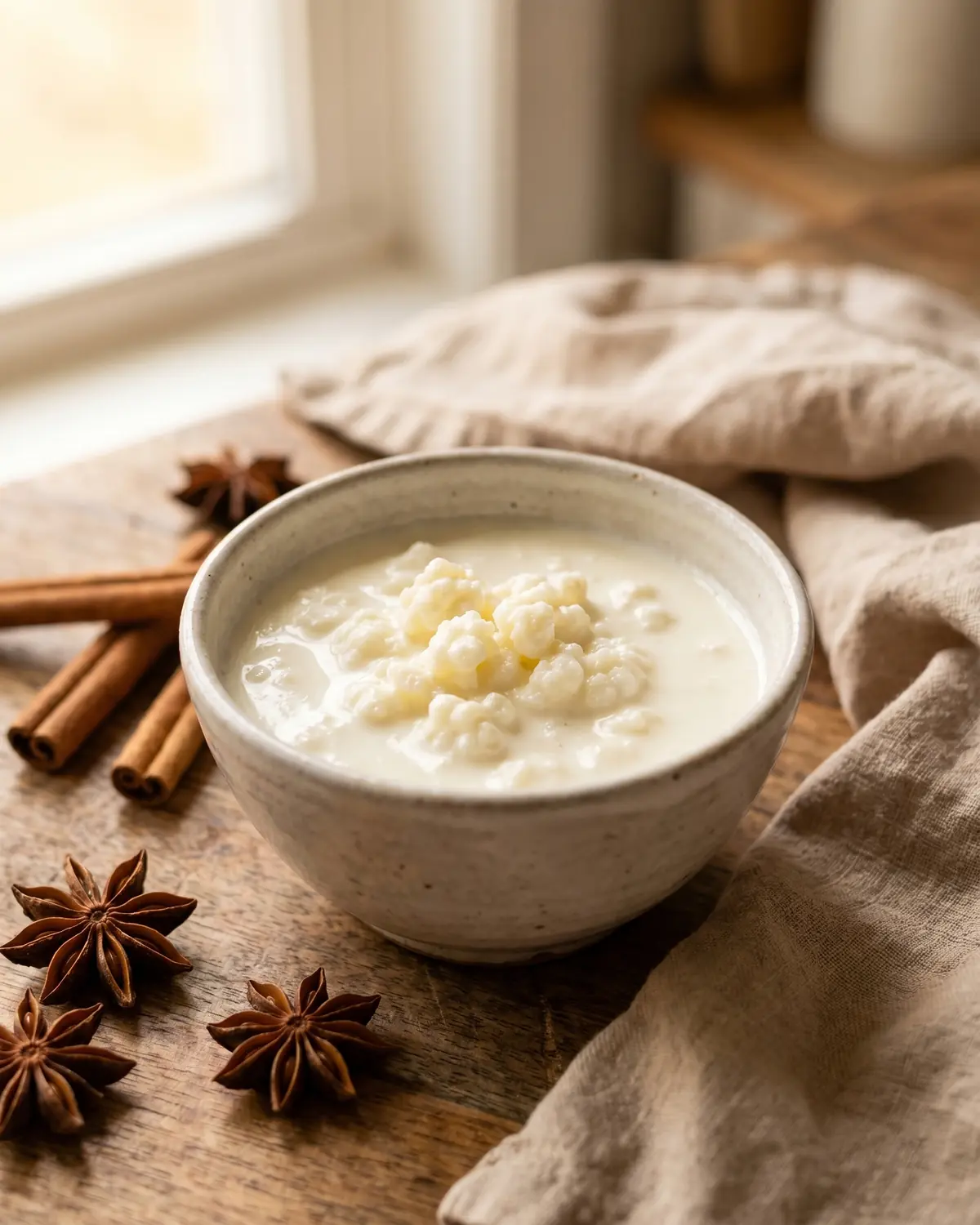 kefir fa gonfiare la pancia Ciotola di kefir naturale con anice stellato e cannella, in un’atmosfera calda e casalinga.