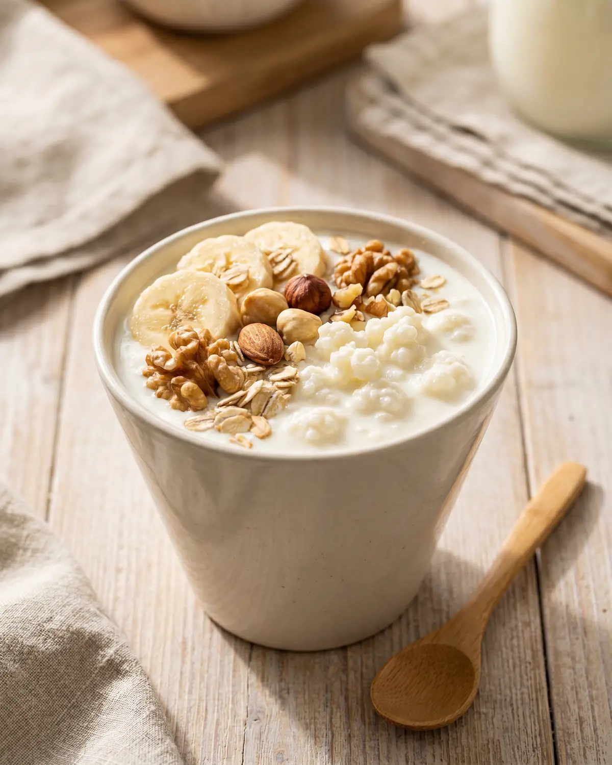 kefir ai cani Ciotola verticale di kefir con banana, noci e avena, preparato in modo semplice e fotografato dall’alto.