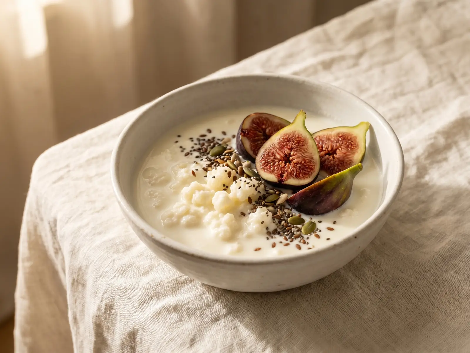 Kefir servito in una ciotola bianca con fichi freschi e semi su un telo di lino naturale.