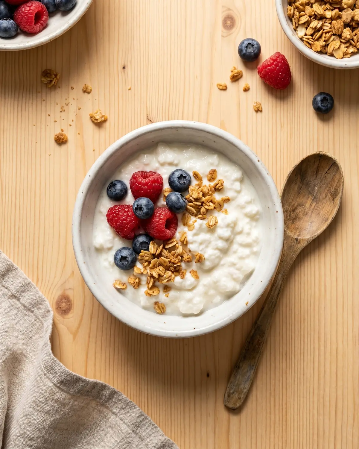 kefir e istamina Ciotola di kefir pronto con frutti rossi, granola e cucchiaio di legno su una tavola chiara
