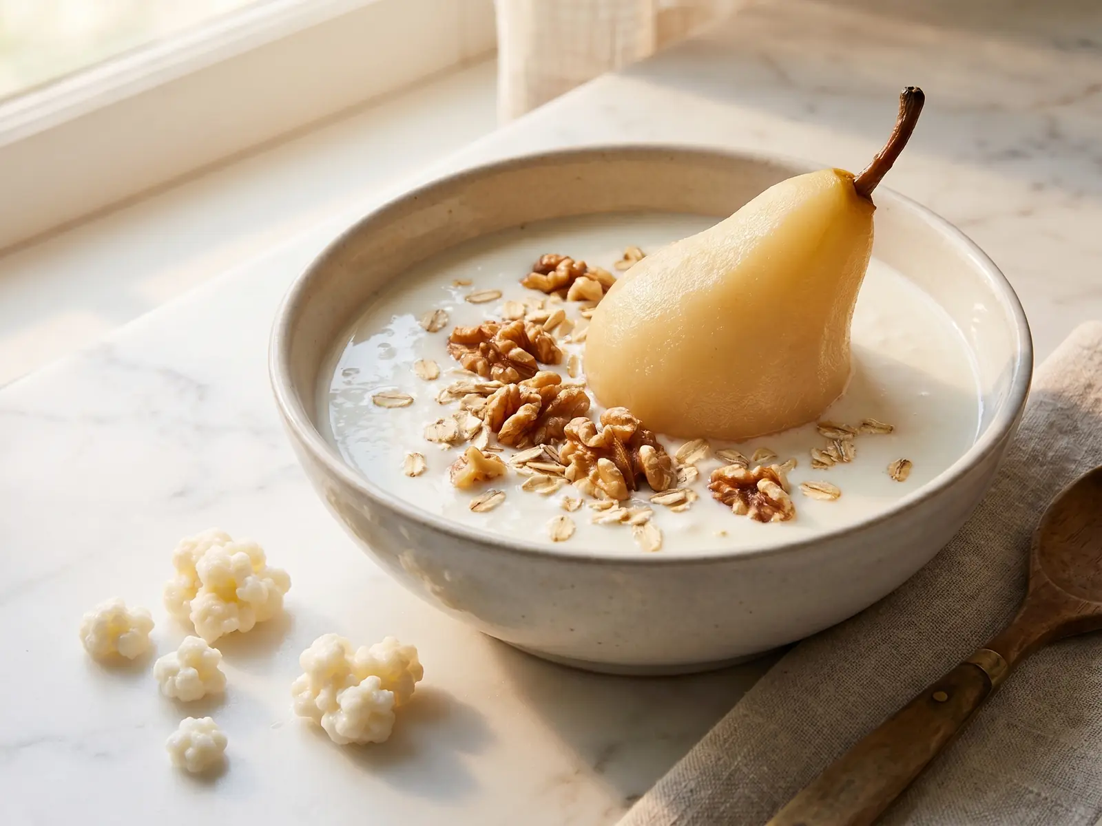 kefir quando assumerlo Ciotola di kefir con pera, noci e avena su marmo bianco, pronta per una colazione semplice e tranquilla.