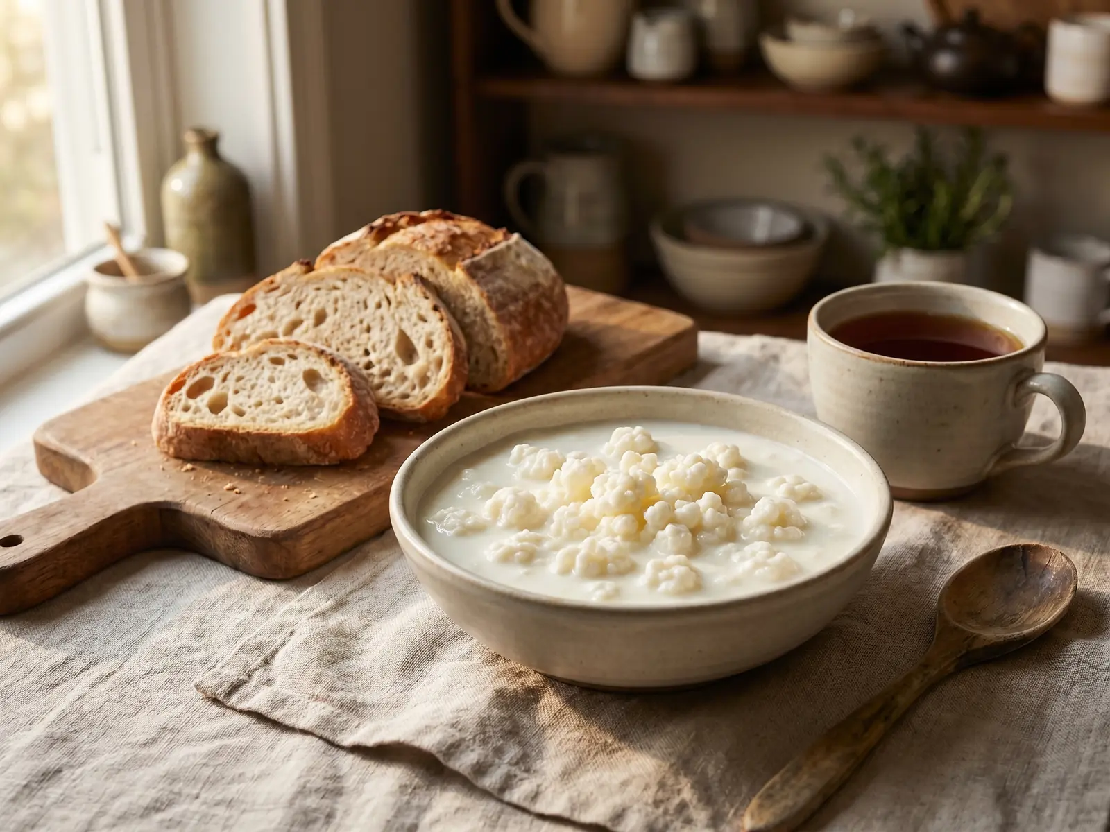 kefir d acqua Kefir servito in una ciotola accanto a una tazza di tè, pane rustico e tessuto di lino naturale.