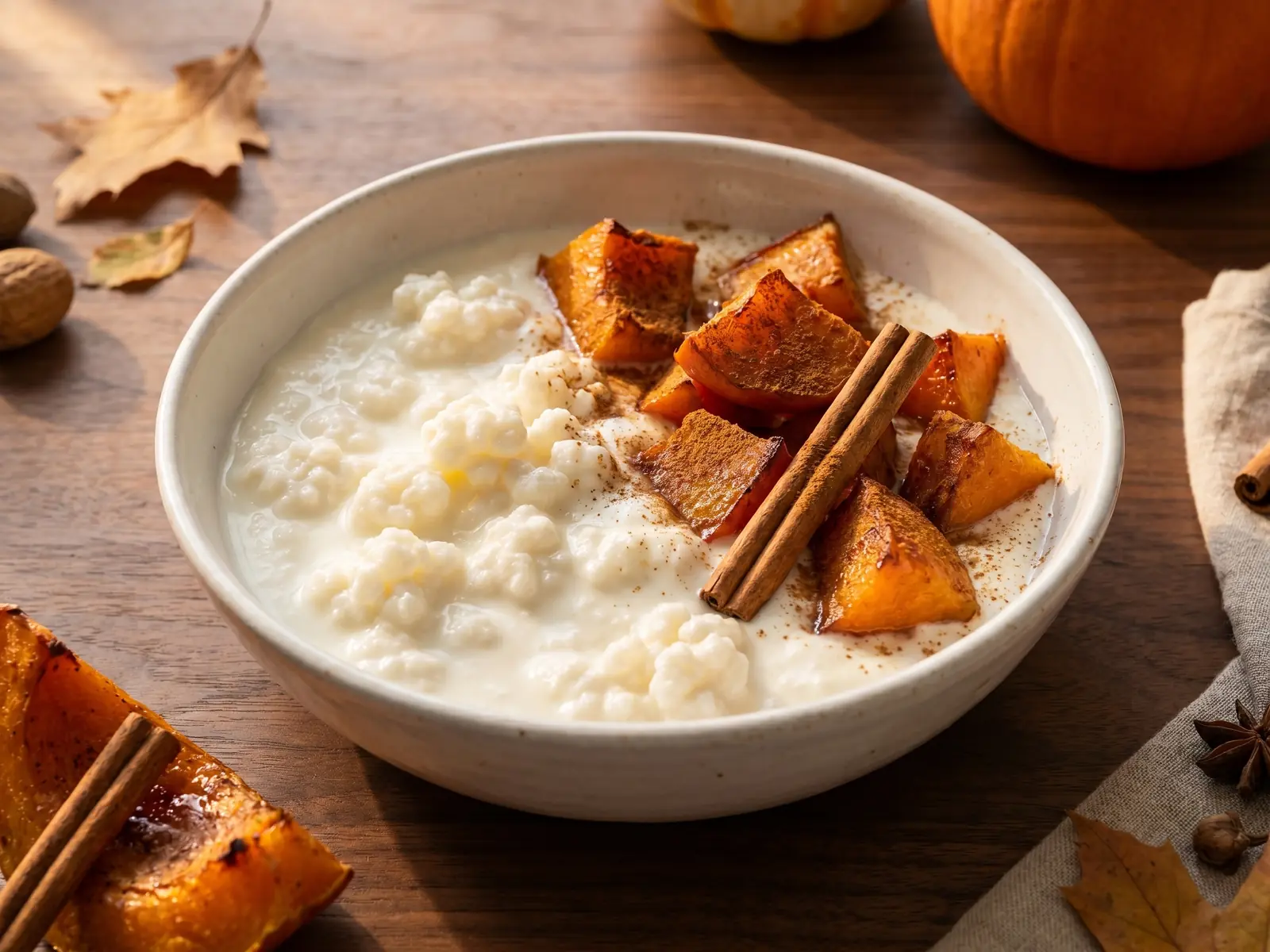 kefir fatto in casa Kefir di latte con zucca arrostita e cannella in una ciotola bianca su tavolo in noce