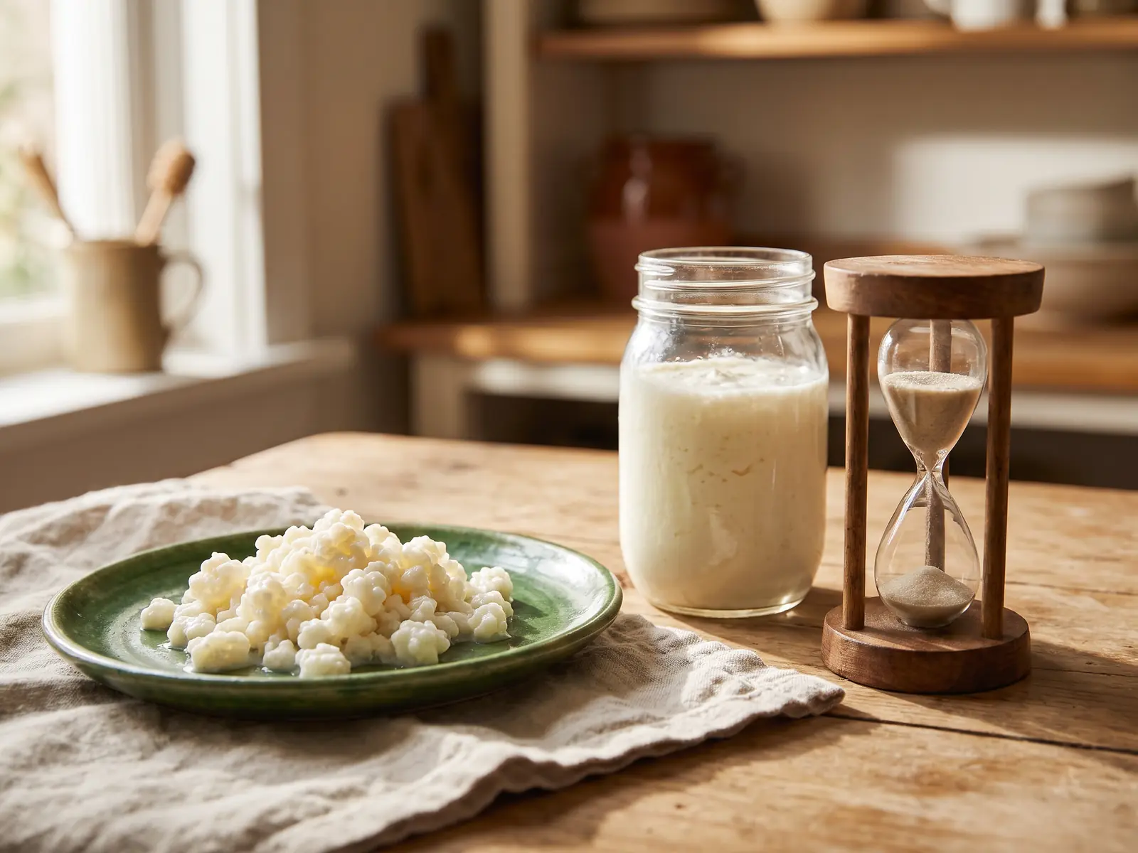 kefir a colazione fa dimagrire Tarro di kefir con grani su un piatto verde, clessidra in legno e lino su un piano naturale.
