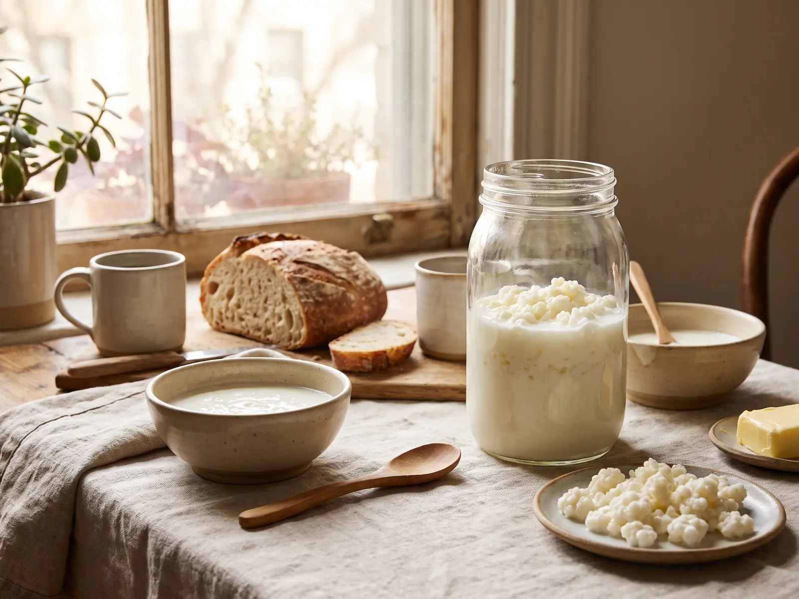 Tavola da colazione con kefir di latte in fermentazione, granuli e ceramica beige vicino alla finestra