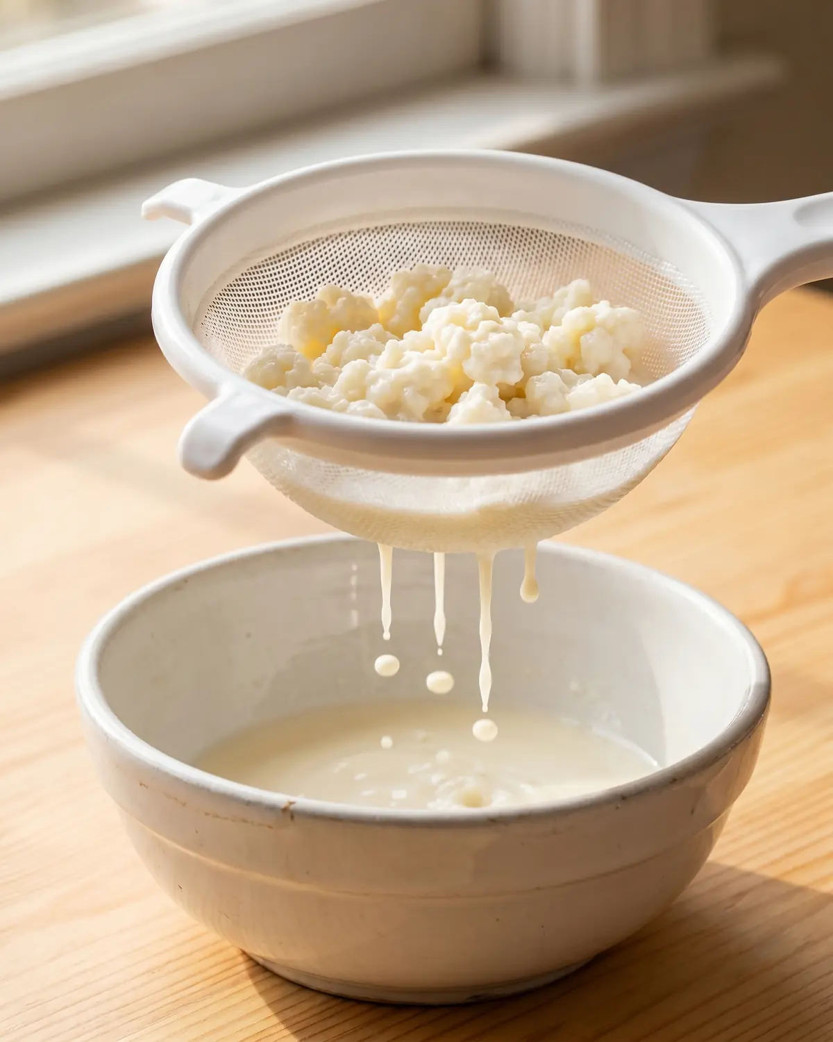 come si produce il kefir Grani di kefir filtrati in un colino bianco, con una goccia di latte fermentato che cade nel recipiente