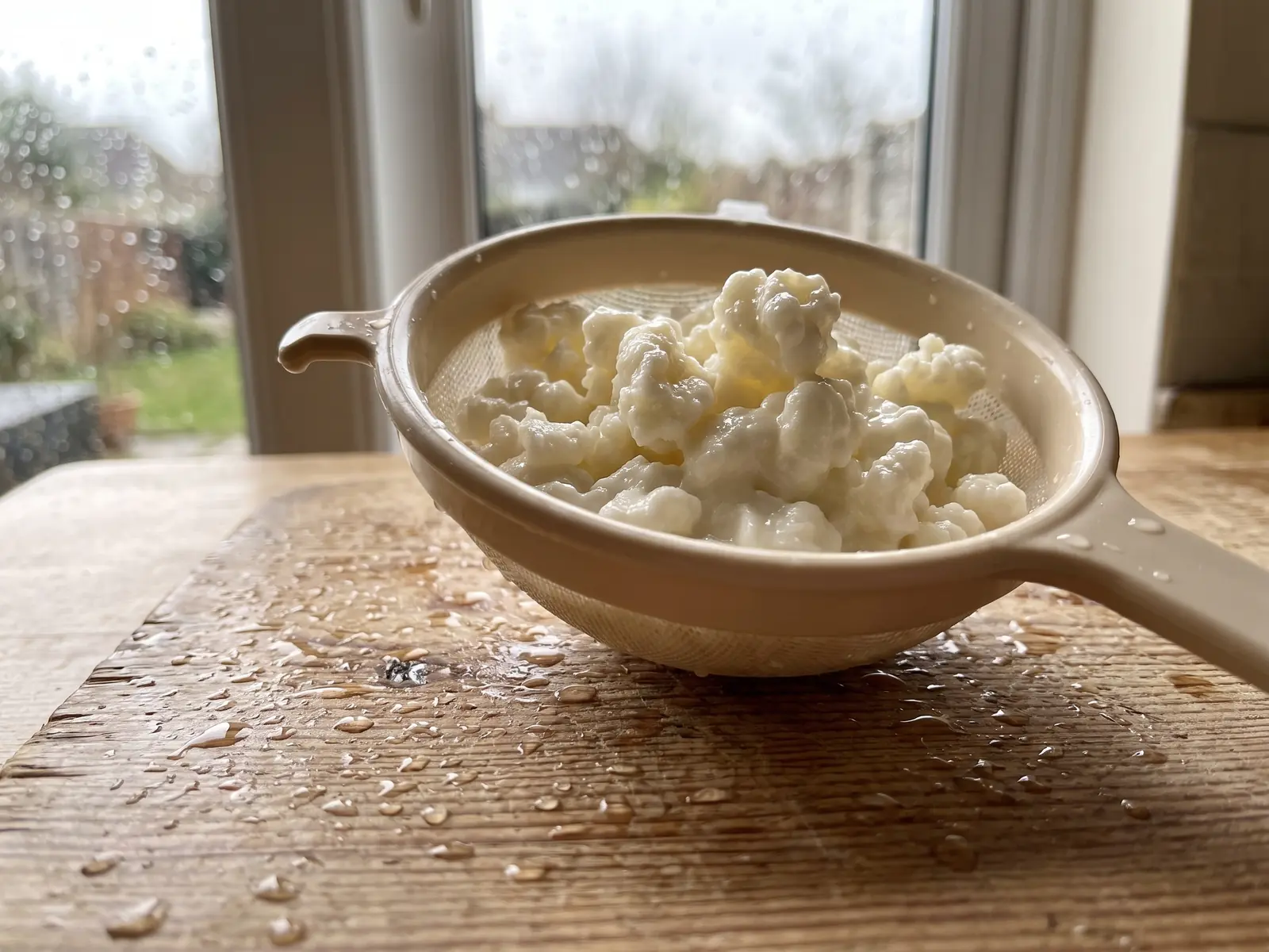 fermenti lattici vivi dove si comprano Grani di kefir di latte appena scolati in un colino di plastica su tavola di pino con gocce d’acqua.