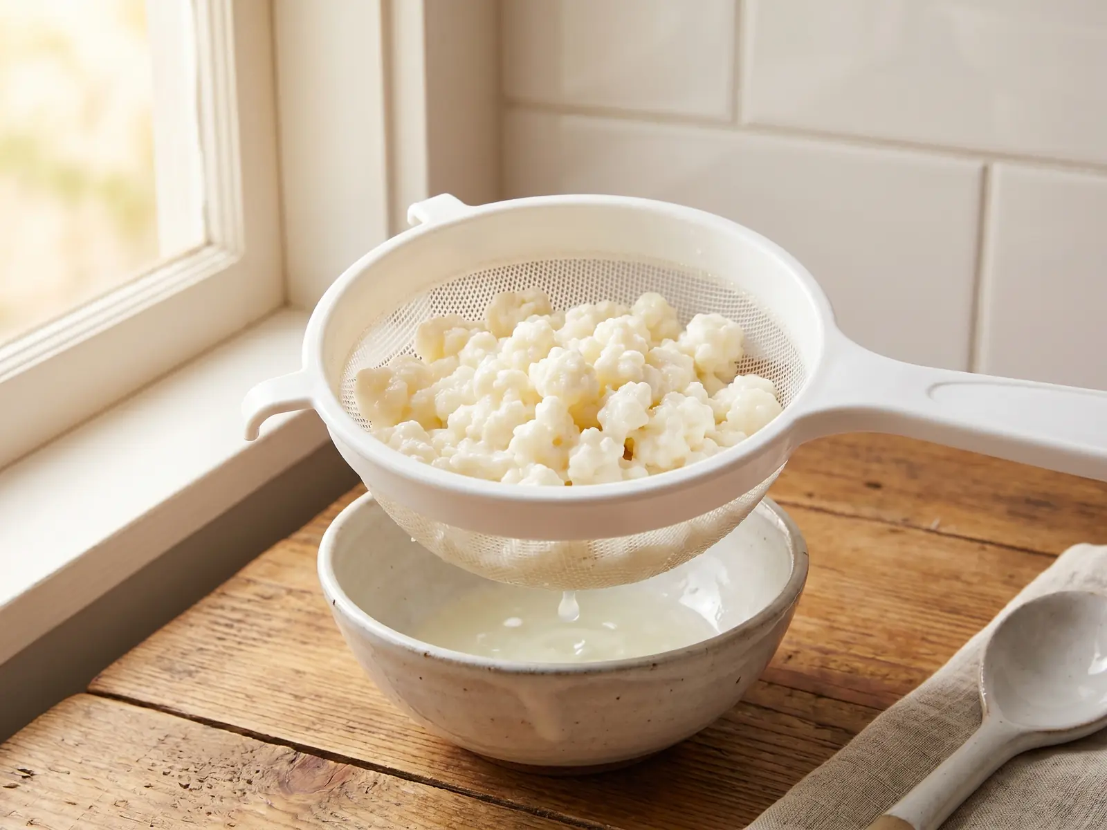 Colino in plastica con grani di kefir di latte sopra un ciotola, durante la preparazione in cucina.