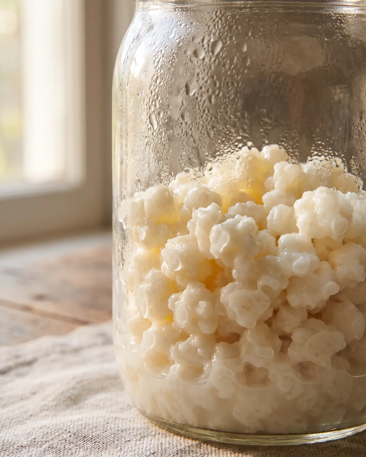 Granuli color crema osservati attraverso un barattolo di vetro con perle di condensa sulla superficie