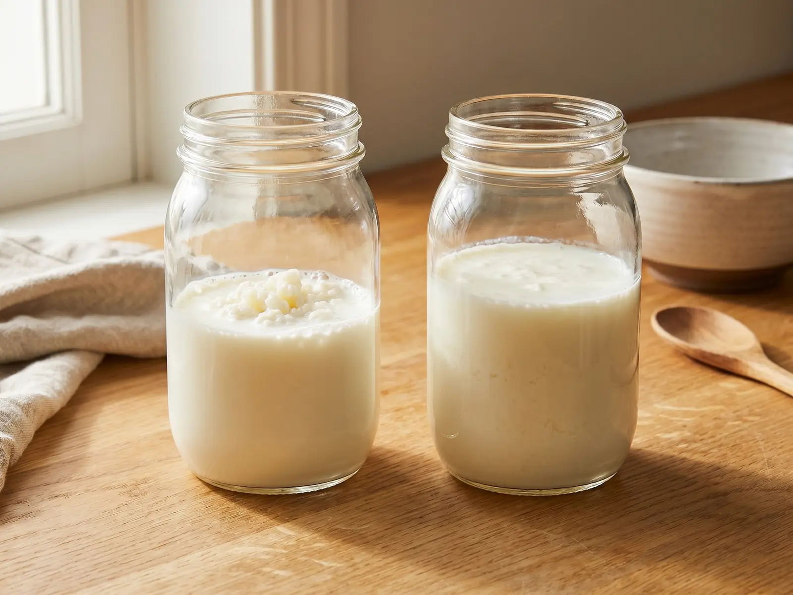 kefir fa bene al fegato Due barattoli mostrano latte con grani di kefir e kefir finito, per confrontare preparazione e risultato.