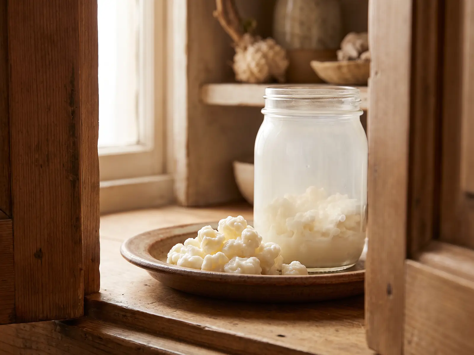 Barattolo di kefir di latte in una credenza socchiusa, con granuli visibili e luce calda laterale.