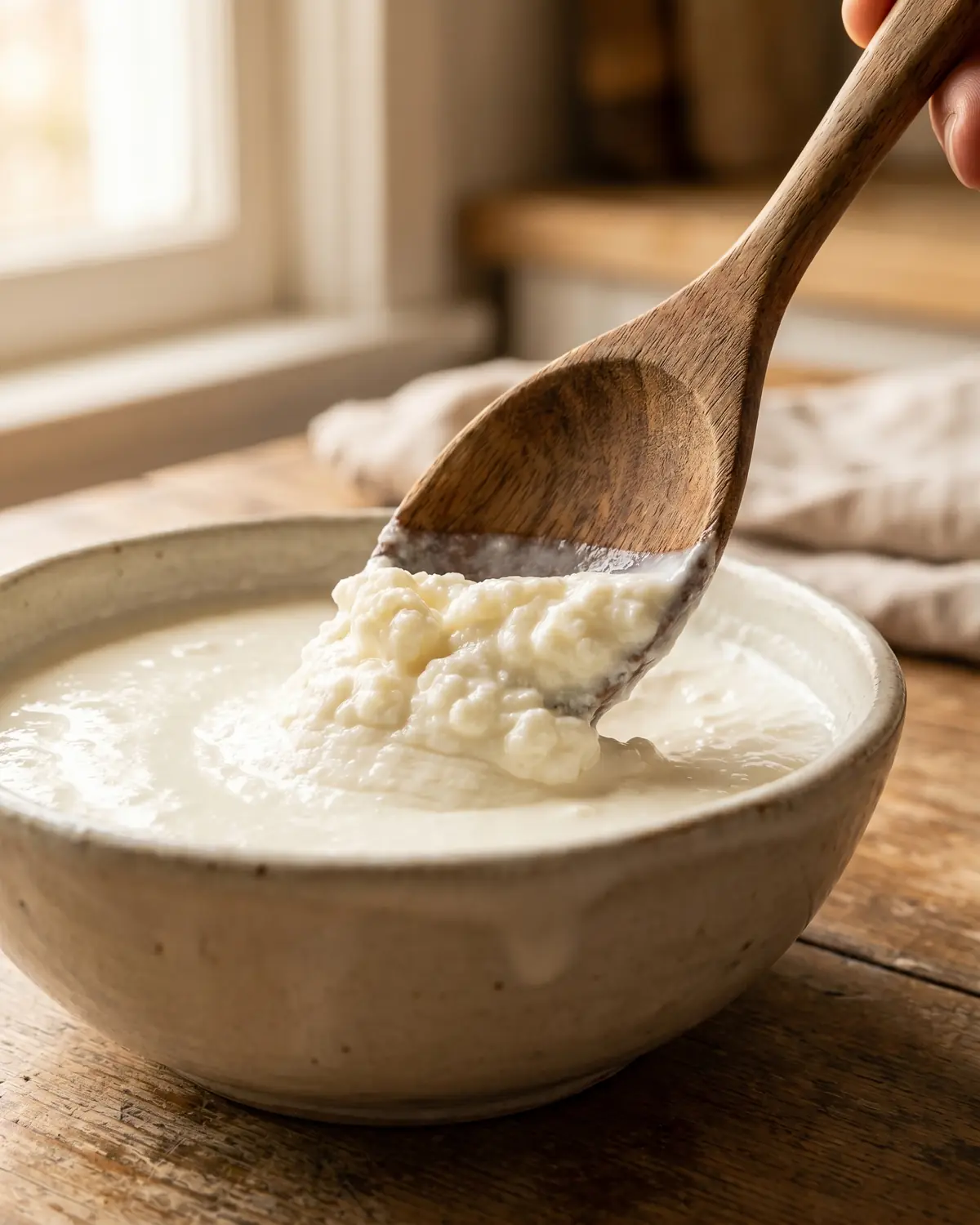Cucchiaio di legno che attraversa un kefir compatto, con bordo cremoso sollevato in primo piano.